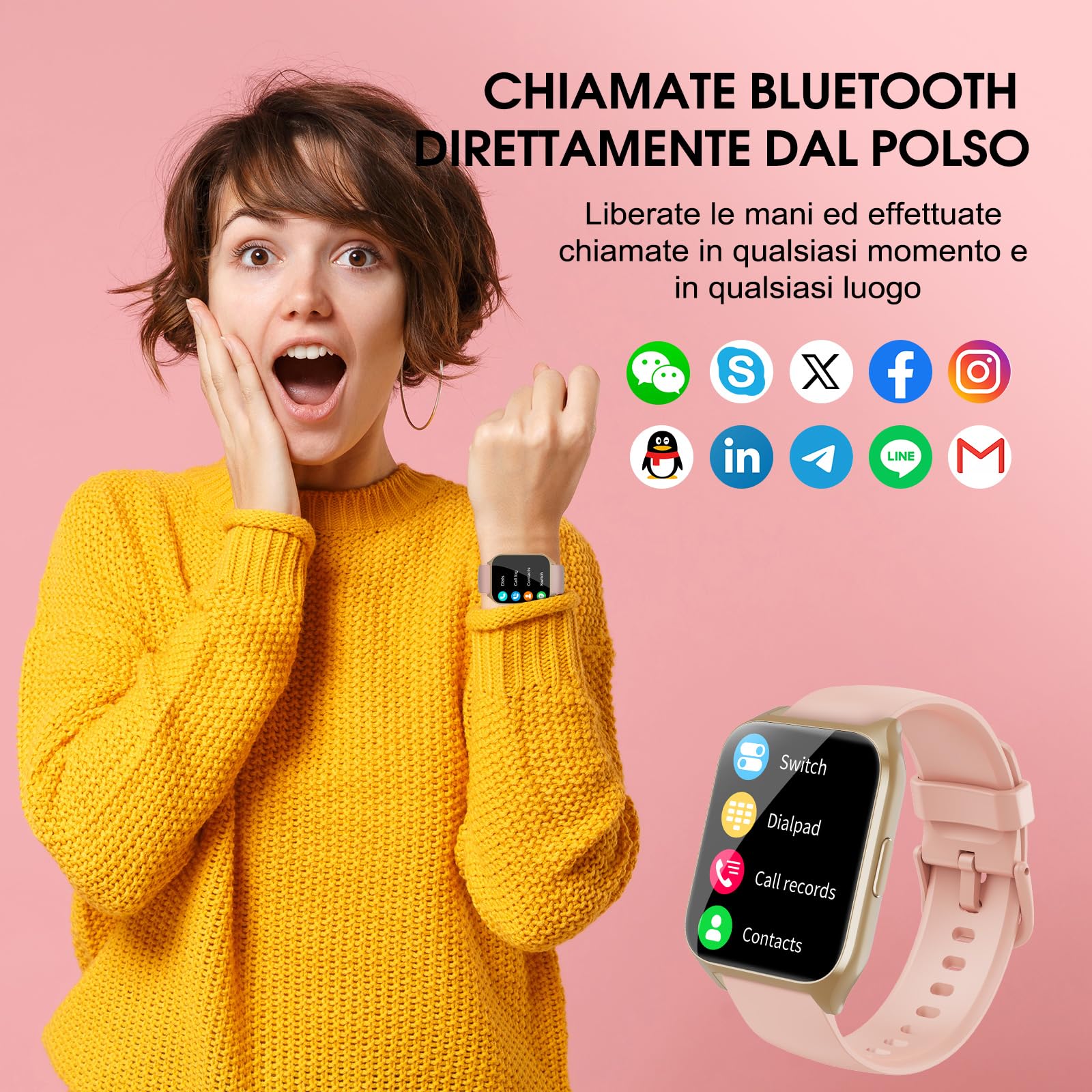 Smartwatch Donna con Effettua o Risposta Chiamate, 1.85" Orologio Smartwatch, Contapassi Sonno Cardiofrequenzimetro, 112 Modalità Sportive Fitness Tracker, IP68 Smart watch per Android iOS, Oro Rosa