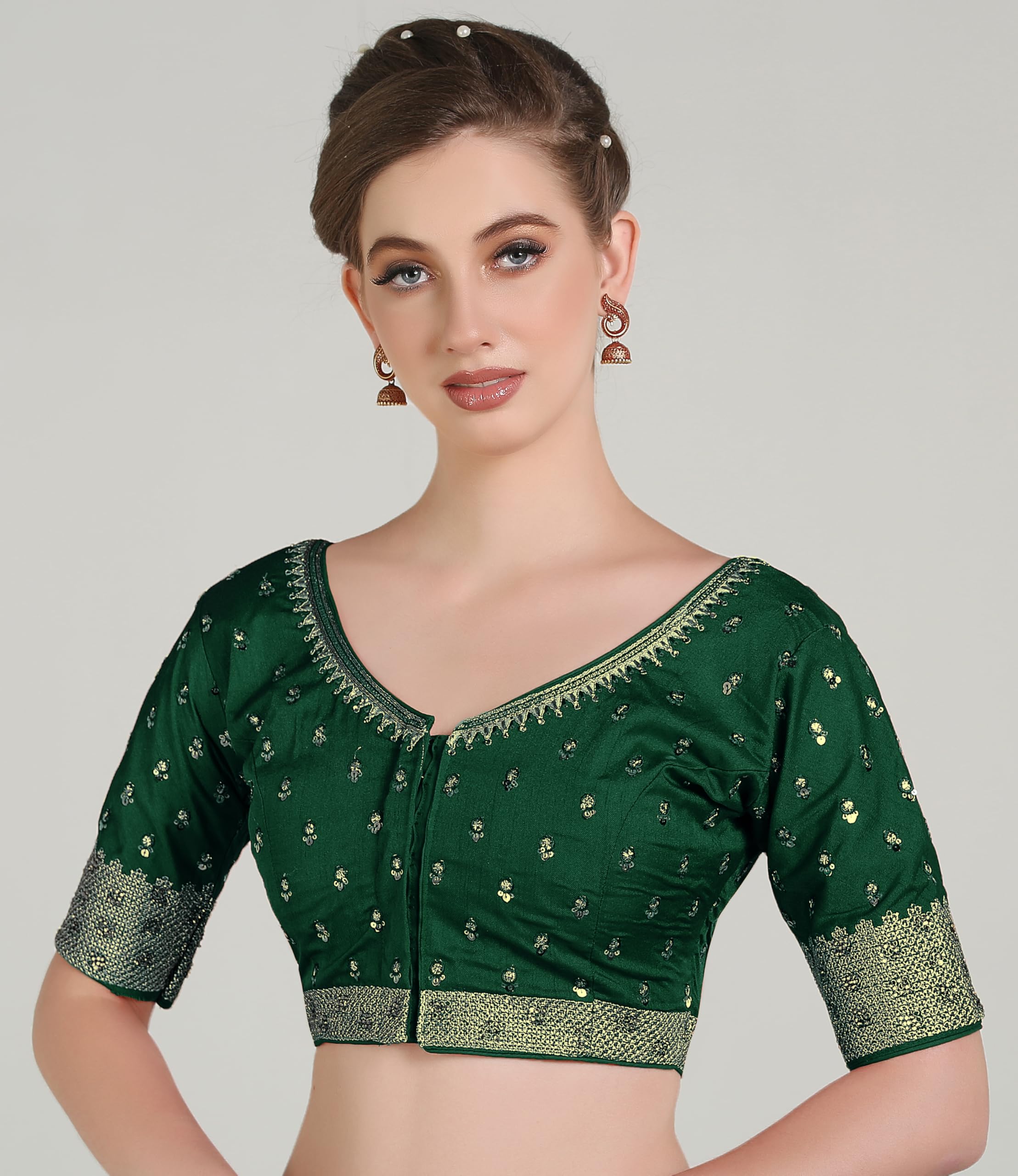 Pujia Mills Women Indian Ethnic Wear Designer Golden Codding With Zari Embroidered Diamond Work Round Neck Half Sleeve Readymade Aari Work Saree Blouse Bridal Readymade Blouse Green For Lehenga Choli