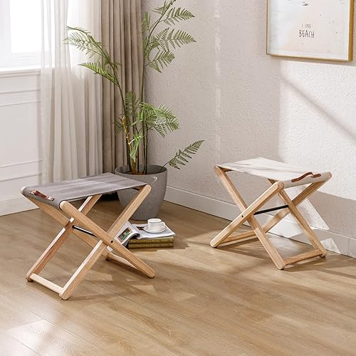 Miniatura 8 de Juego de 4 taburetes plegables de madera, de madera dura, de 18.5 pulgadas, taburete plegable portátil de pesca con soporte de metal resistente,
