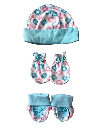 Babysid Collections Mitten Booties Cap Set for Newborn Baby Girls Boys Blue Boxes 100% Cotton Made in India
