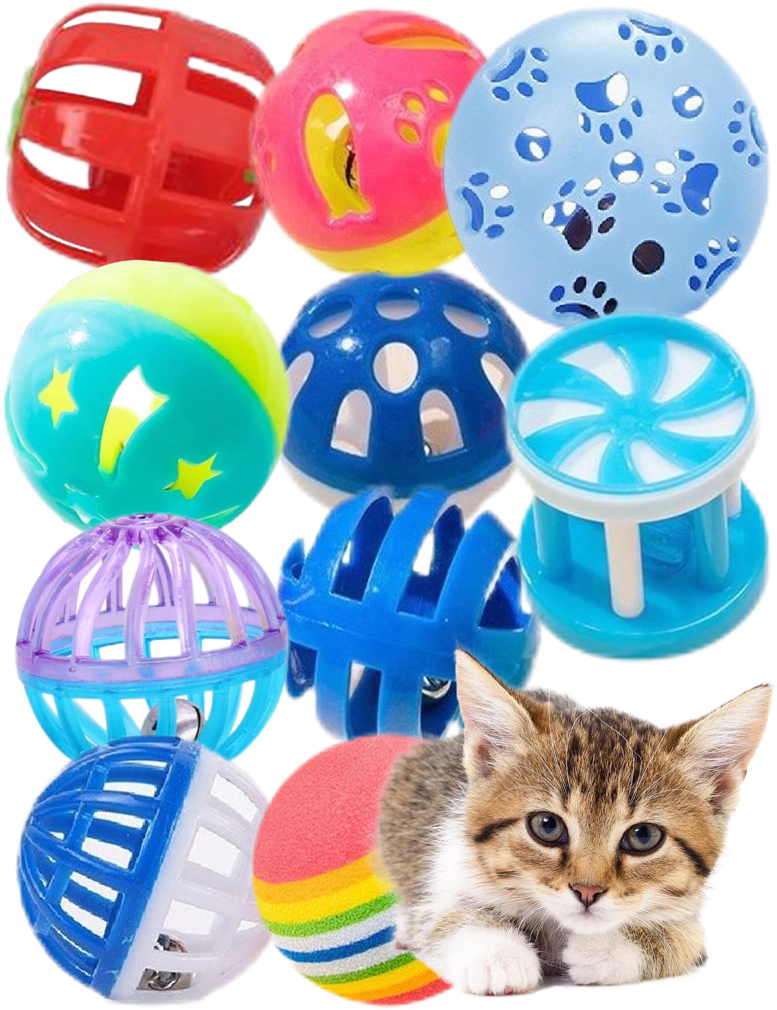 HEUHAI 10 Pcs 1.5''~2.3'' Big Cat Toy Ball with Bell, Plastic Lattice Jingle Balls, for All Breed Sizes (1.5'' - 2.2'', Cat Toys Mega Set)