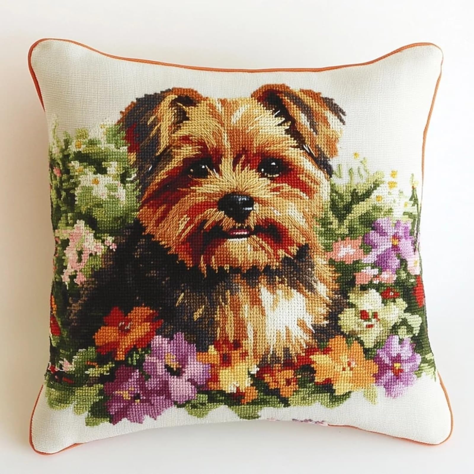 WallustrioaW DIY Stamped Cross Stitch Pillow Kits,Yorkshire Terriers and Flowers 11CT Needlepoint Handmade Cushion Cover Home Sofa Christmas Decoration 45x45cm