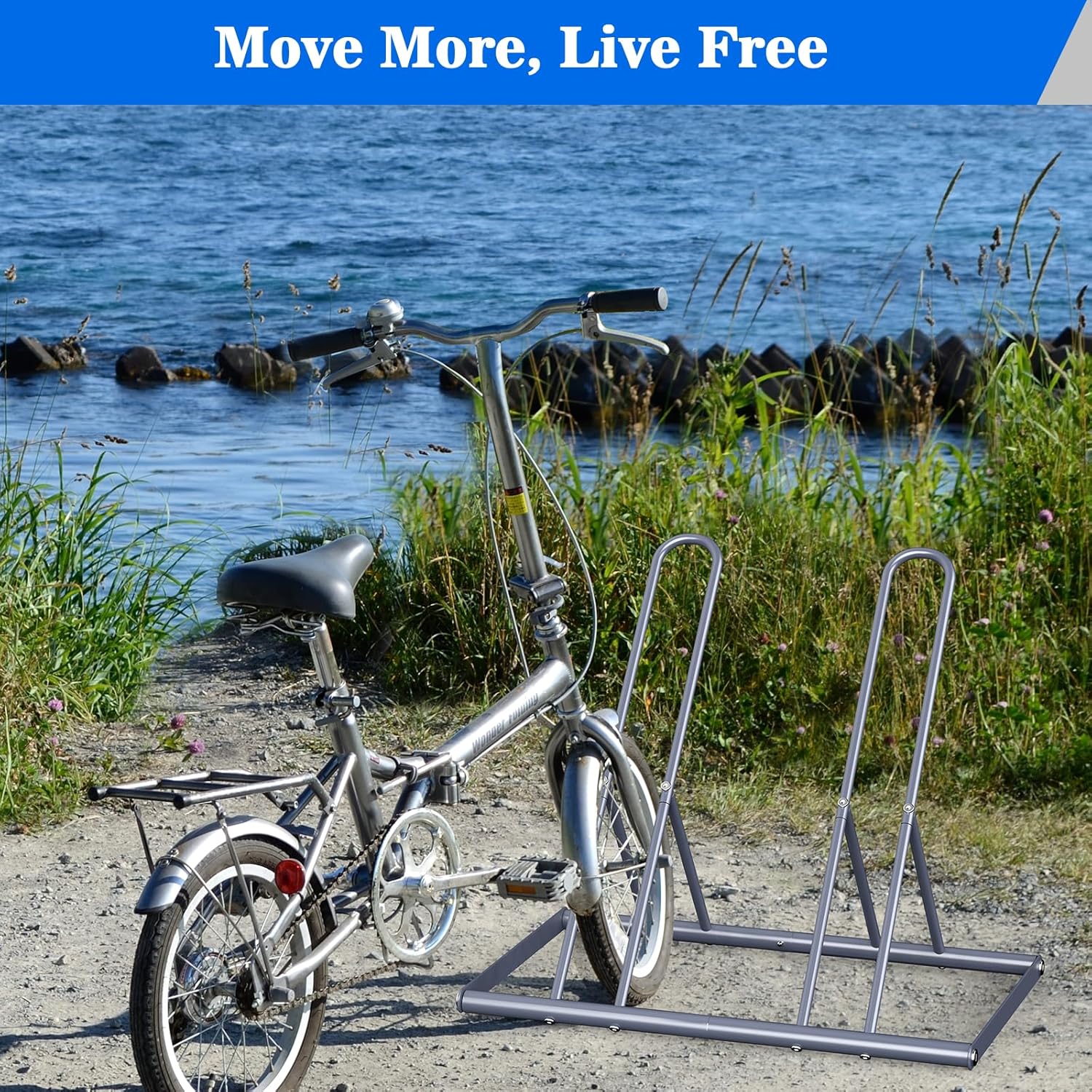 melos Floor Bike Rack, Bike Stand for Garage, Outdoor For Mountain Floor Bike Rack, Heavy Duty For Bicycle Garage, Space-Saving 2 Bicycle Holder For Home, Yard, Office, Silver - Image 5