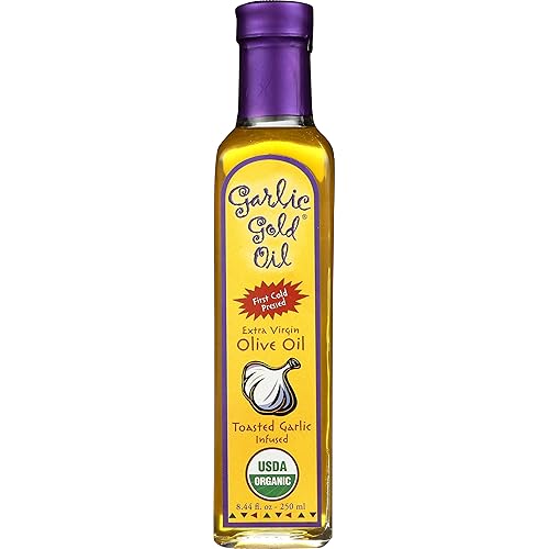 Premium Certified Organic Extra Virgin Olive Oil Infused with Garlic, Low FODMAP, Garlic Gold (8.44 fl oz)