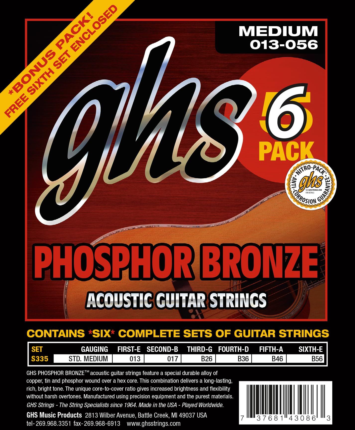 GHS Strings Corde per chitarra acustica S335-5, in bronzo fosforoso, medie, confezione da 6 (.013-.056)