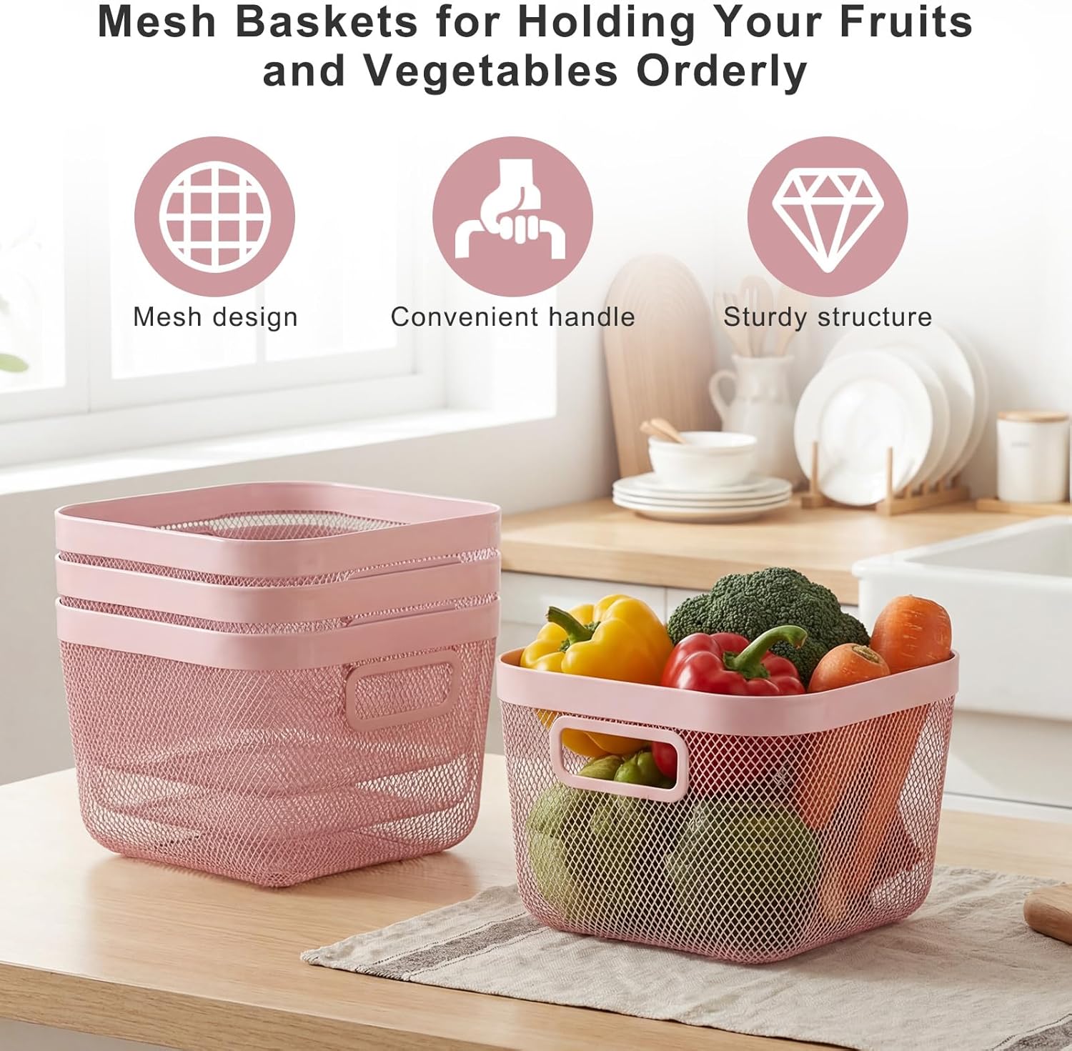 MorningRo 4 Pack Metal Mesh Basket with Hollow Handles Pink Wire Storage Bin for Organizing Stackable Metal Fine Mesh Basket for Pantry Bathroom Kitchen Cabinets Shelves (Medium)