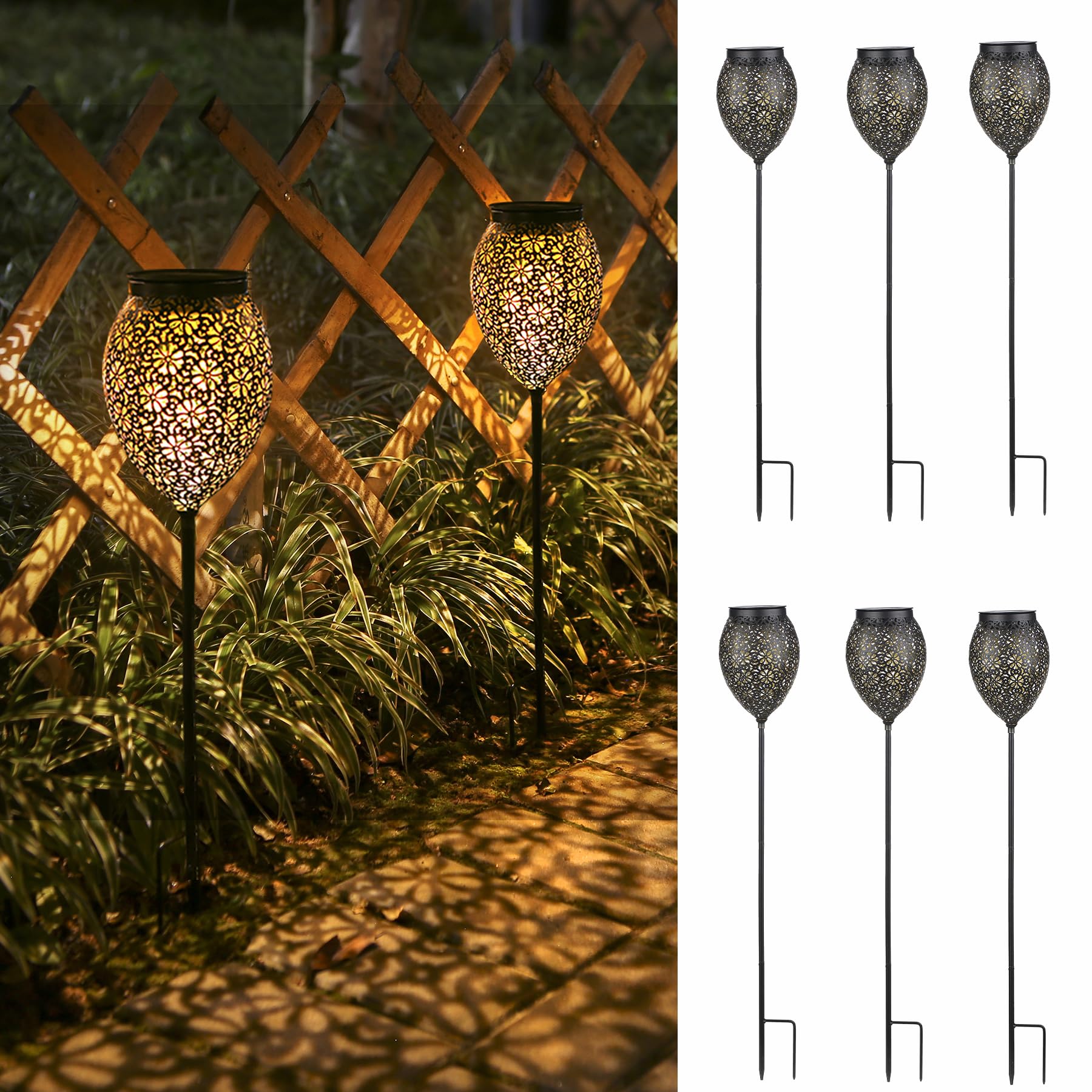 Solarleuchten für Außen Metall 6 Stück, IP65 Wetterfest Solarlampen für Außen Gartenstecker mit Blumenmuster, Vintage Gartenbeleuchtung Solar Wegeleuchten Höhenverstellbar, Weihnachtsdeko für Frauen