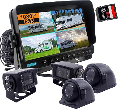 Miniatura 1 de Sistema de cámara de respaldo 1080P con pantalla de 7 pulgadas con cable, grabadora DVR, pantalla dividida cuádruple, monitor de automóvil + 2