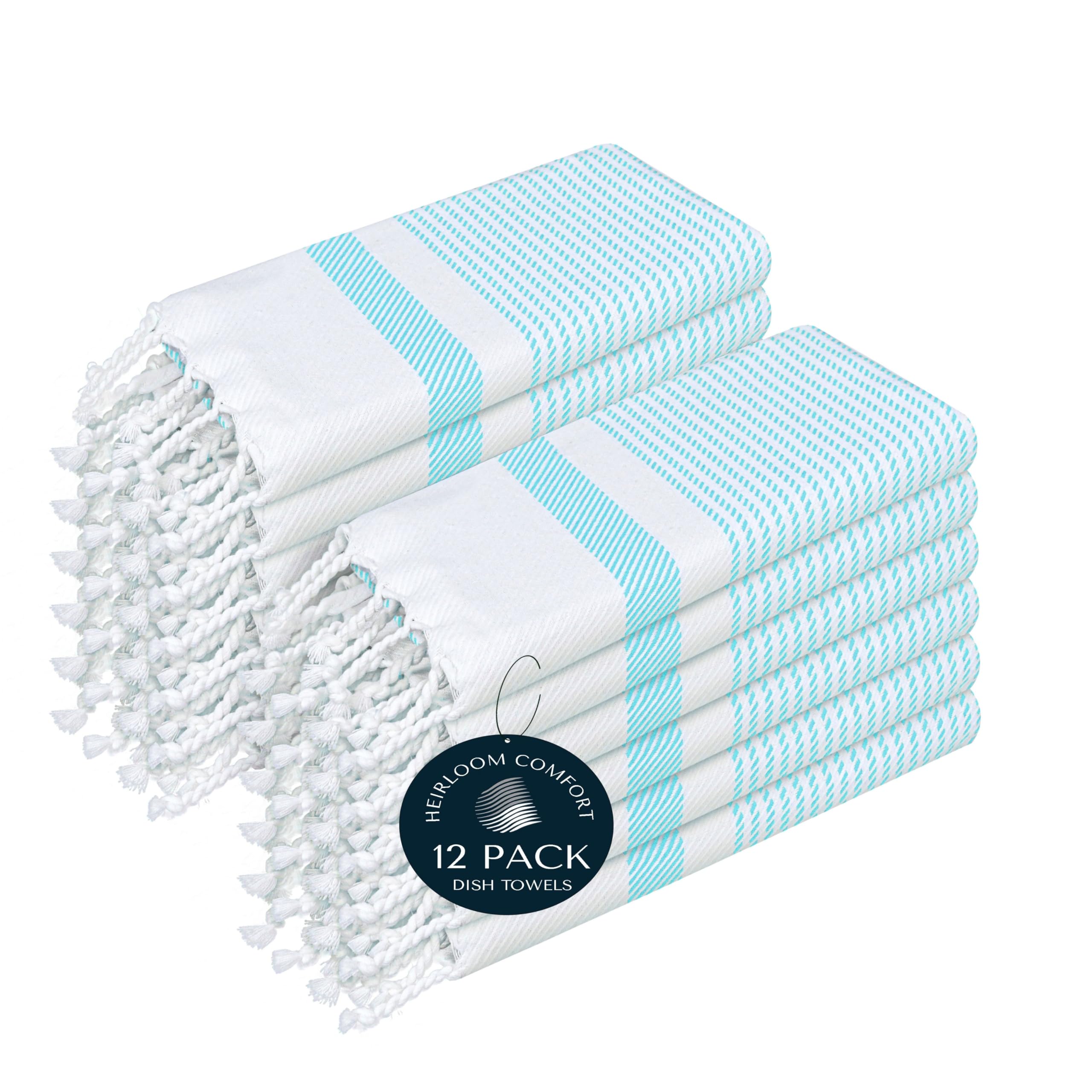 HEIRLOOM COMFORT Aqua Blue Turkish Kitchen Towels 40x66 cm, 12 Pack, 100% Cotton, Super Absorbent, Fast Dry, Machine Washable, Dish Towel with Tassels for Drying Dishes, Cleaning, Everyday Use