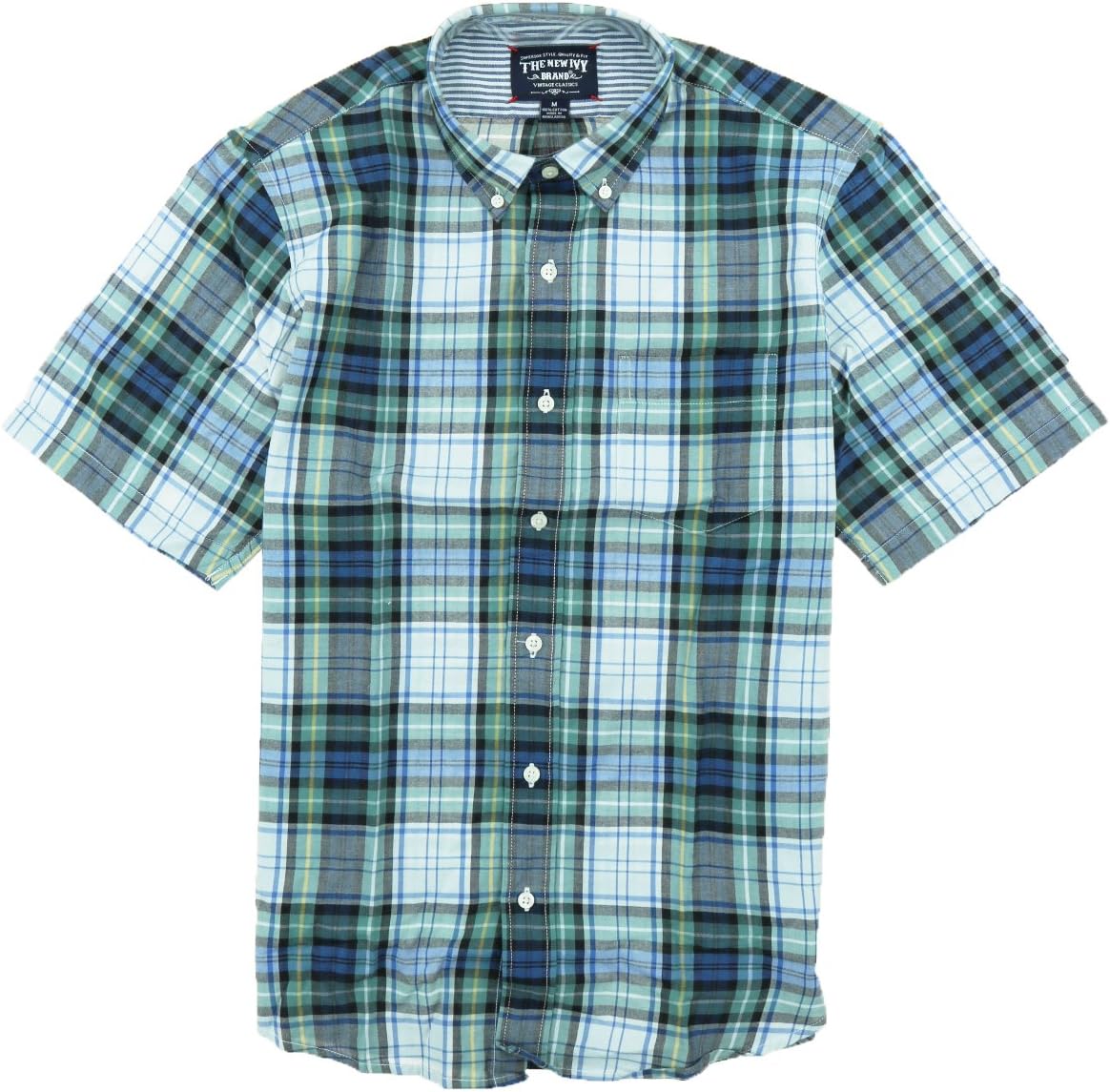New Ivy Mens Button Down Authentic Indian Madras Cotton Plaid Short Sleeve Shirt (Medium, Green Navy Plaid)