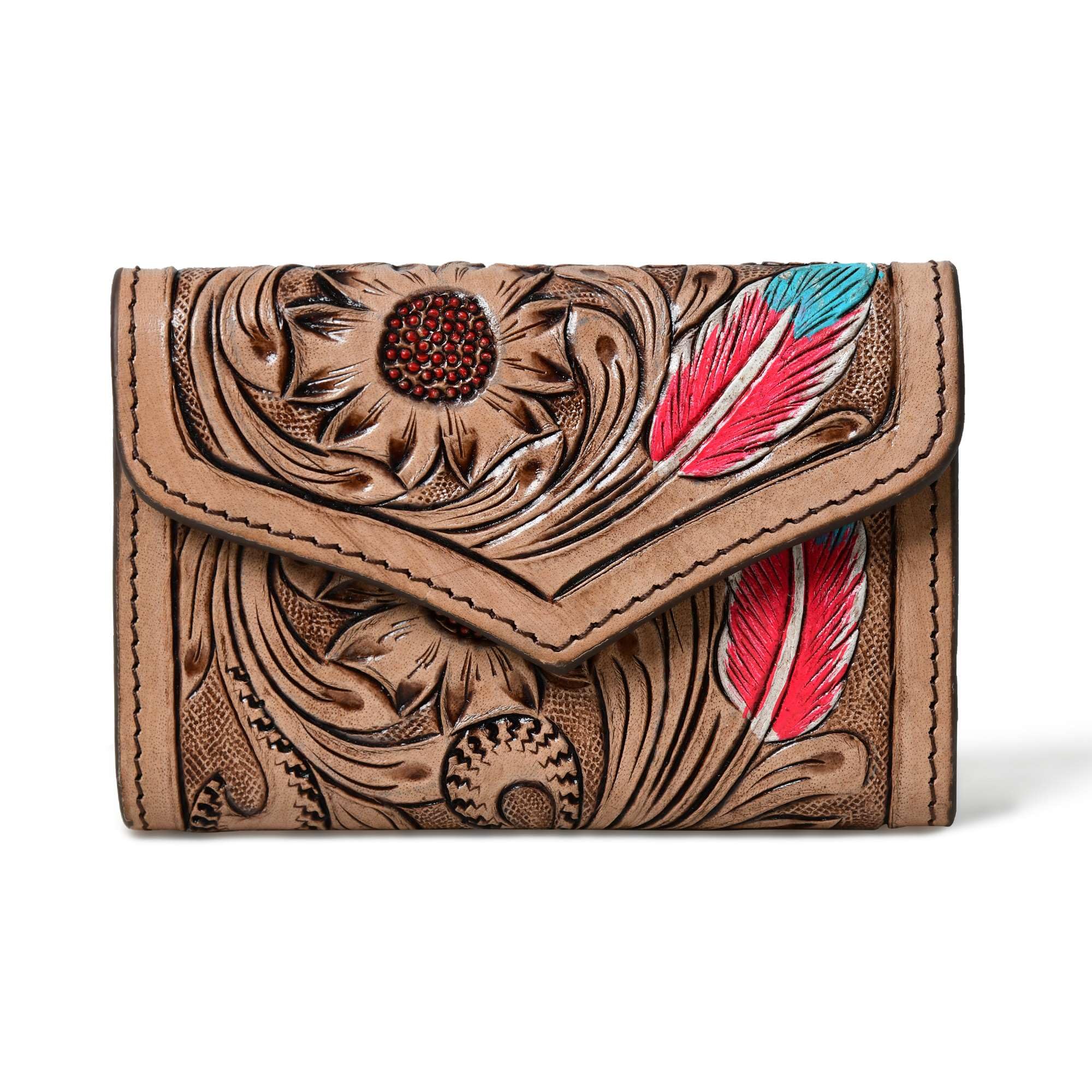 Merbaa Western Tooled Leather-Style Purse for Women – Handcrafted Floral Embossed Trifold Design | Multipurpose Vintage Western Clutch Wallet
