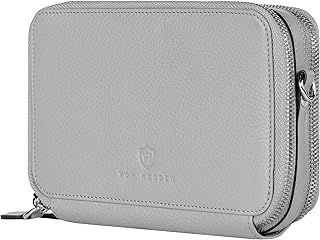 Leder Geldbörse mit RFID-Blocker - Portemonnaie für Damen & Herren aus echtem Leder - Wallet mit Münzfach - Geldbeutel mit abnehmbarem Schultergurt für Frauen und Männer in Grau