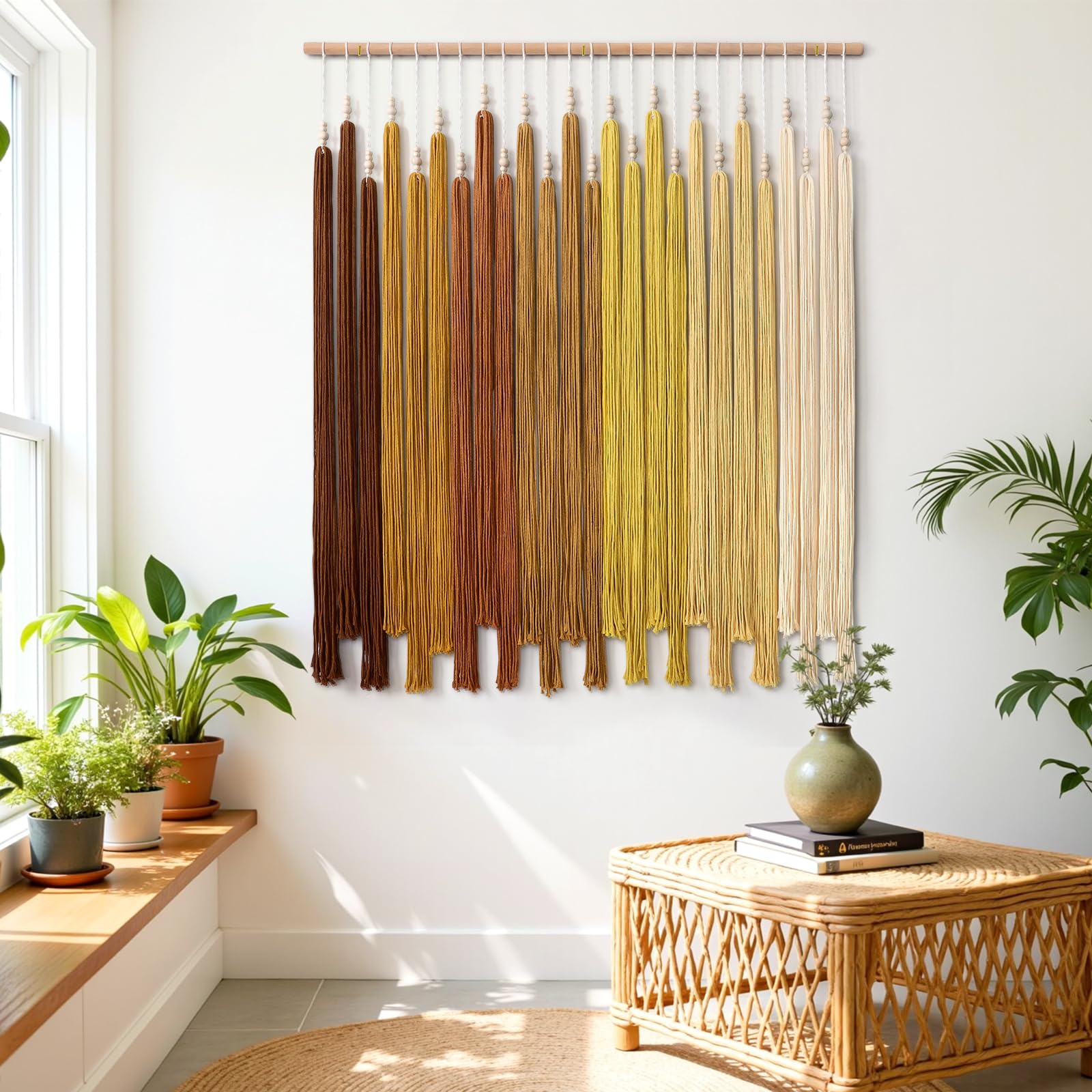 UXORSN Arazzo da parete grande macramè, stile bohémien, chic, con nappa, giallo, sfumato, geometrico, estetico, bohémien, tessuto a mano, per camera da letto, soggiorno, ufficio, decorazione da parete