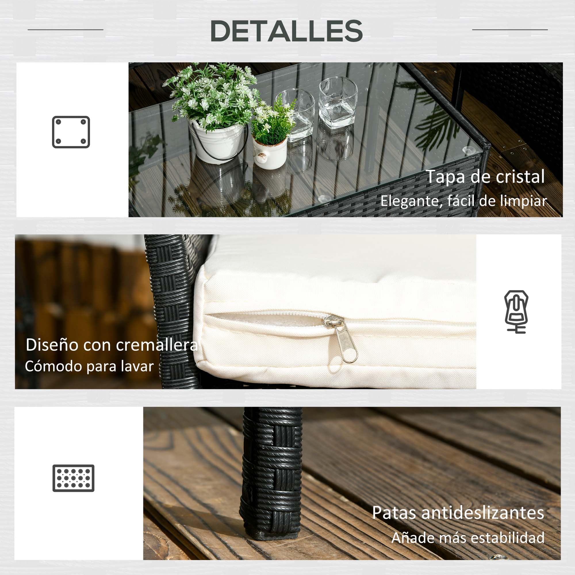 Outsunny Conjunto de Jardín Exterior de Ratán Sintético Juego de 4 Piezas Muebles de Jardín con Sofá de 2 Plazas 2 Sillones 1 Mesa de Centro con Encimera de Vidrio Templado y Cojines Crema y Negro