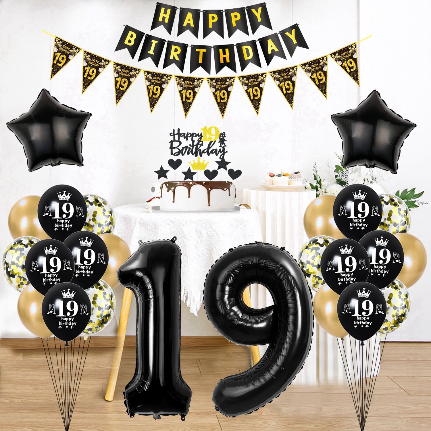 Set Decorazioni Compleanno 19 Anni Oro, Con Palloncini Numero 19, Cuori, Striscione E Cake Topper