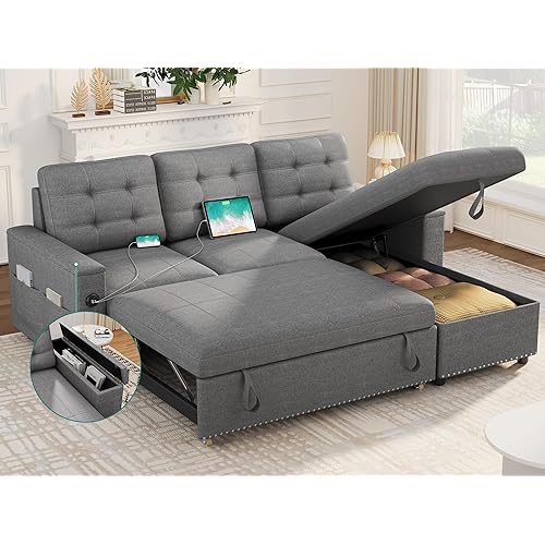 YITAHOMA Pull Out Couch, L Shaped Sleeper Sofa Bed Couch Convertible with USB and Type C Charging Ports, Hidden Storage for Living Room Office Home, Dark Grey