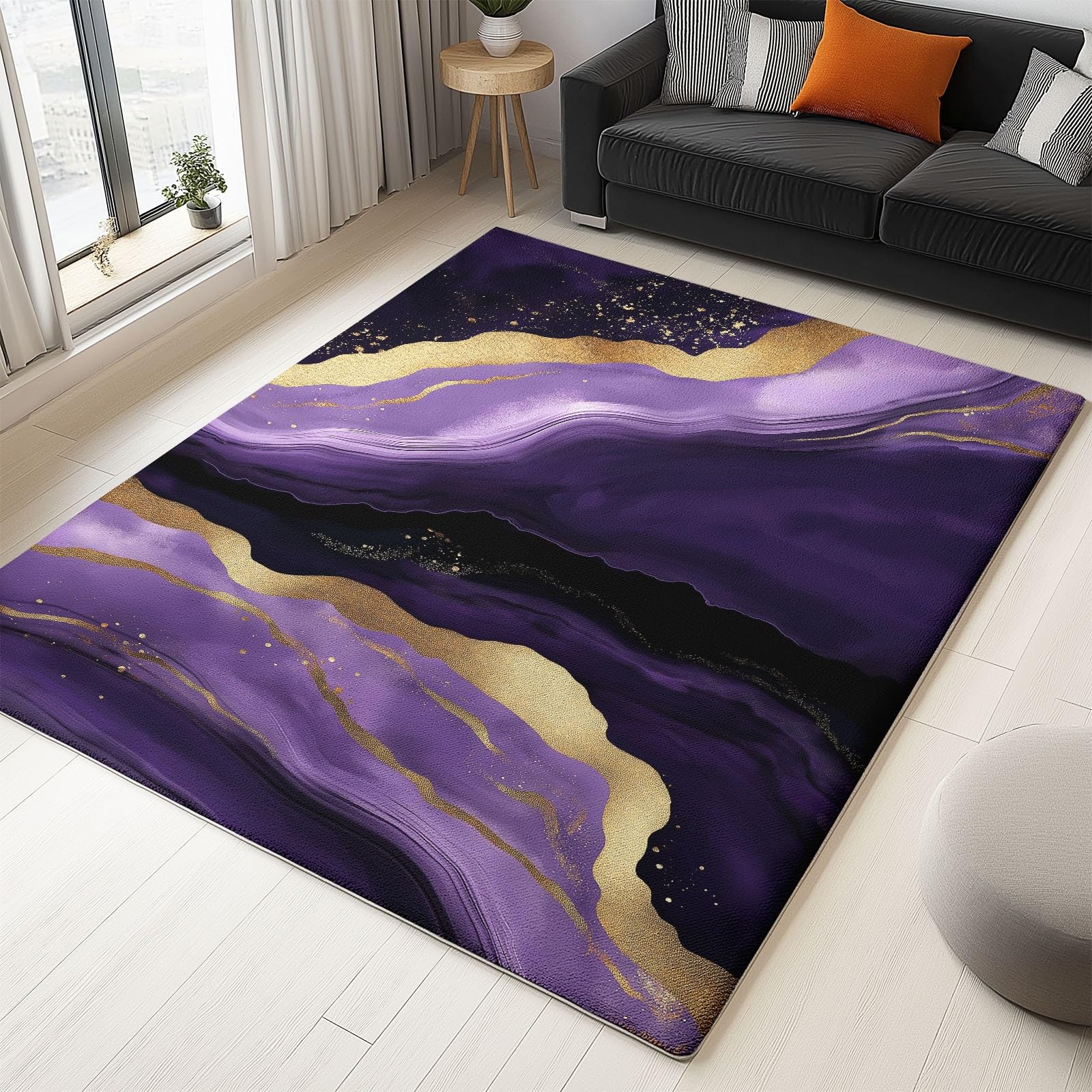 Kwadratowy dywan, 160 x 230 cm, do salonu, sypialni, pod łóżko, mata do biura, dekoracja, akwarela, fioletowy, agat, geoda, zmywalny, miękki, sztuczny krótki runo, antypoślizgowy, antypoślizgowy,