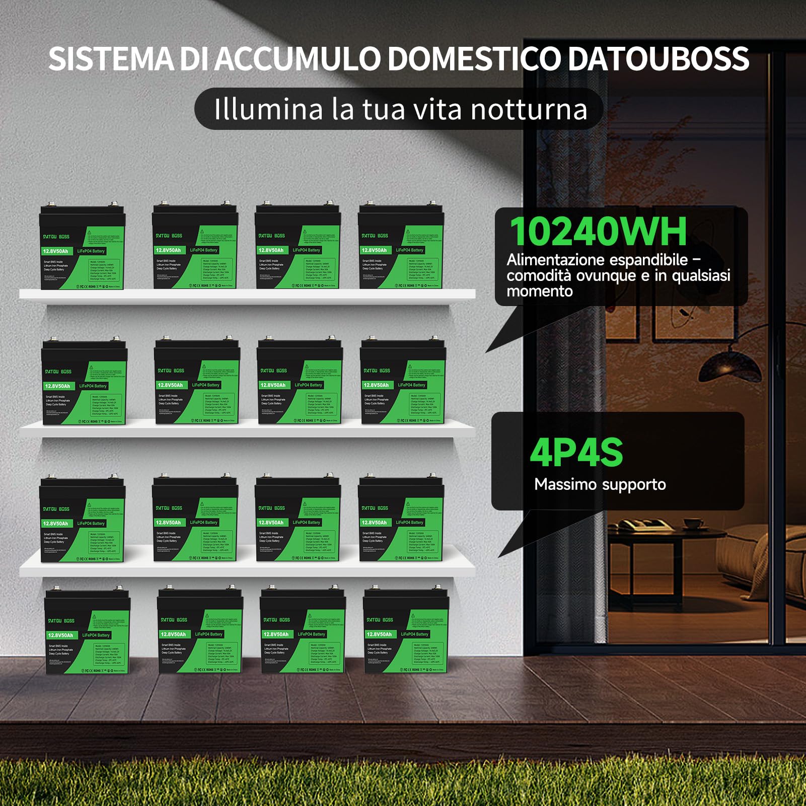 DATOUBOSS Batteria al Litio 12V 50Ah LiFePO4, integrata 50A BMS 15000+cicli Batteria al litio a ciclo profondo MAX 640W Supporto di potenza in serie/parallelo, perfetto per solare, RV.