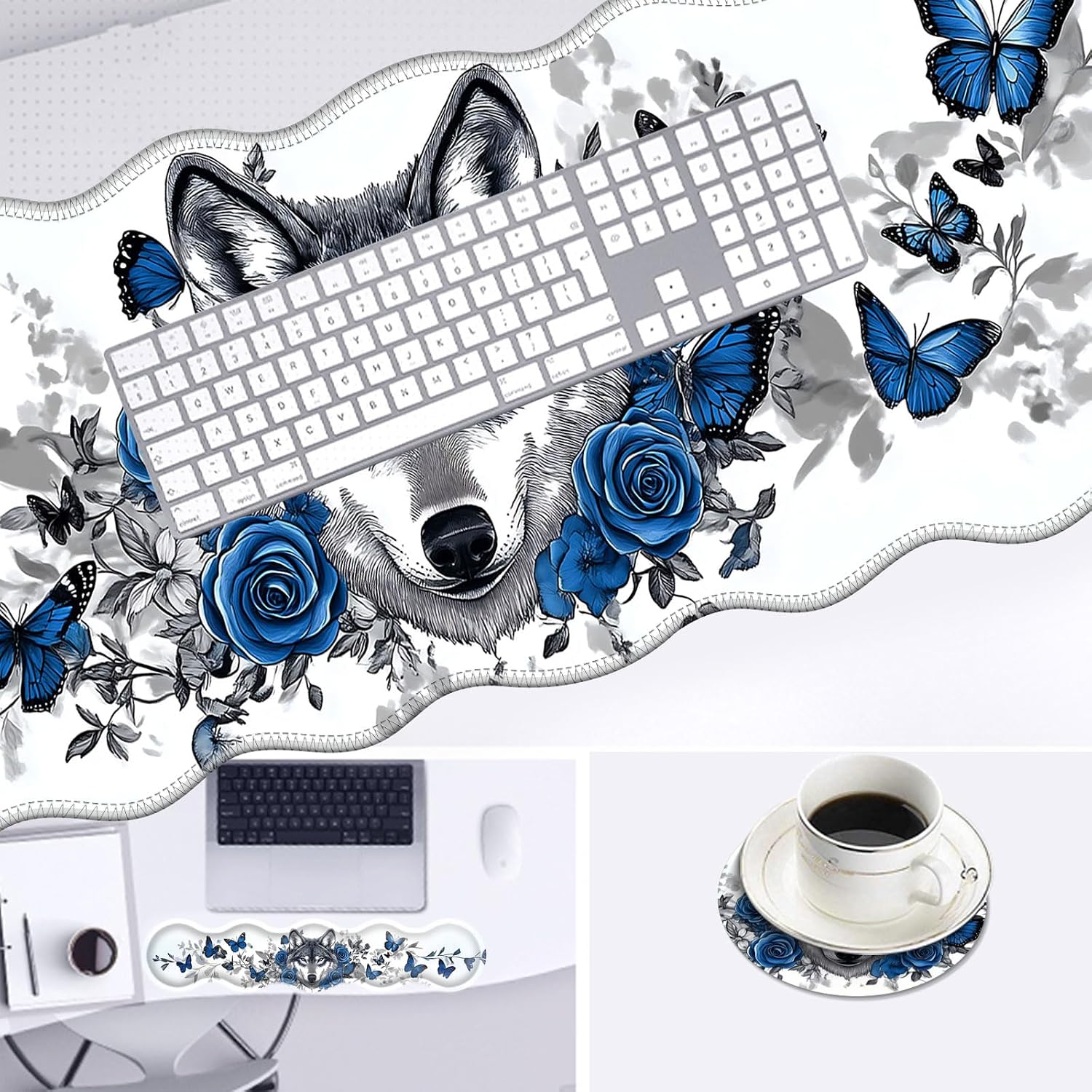 Large Mouse Pad and Keyboard Wrist Rest, Desk Pad for Keyboard and Mouse, 4-in-1 Large Gaming Mouse Pad with Wrist Support, Desk Mat for Home Office Study Game-Wolf Butterflies image 4