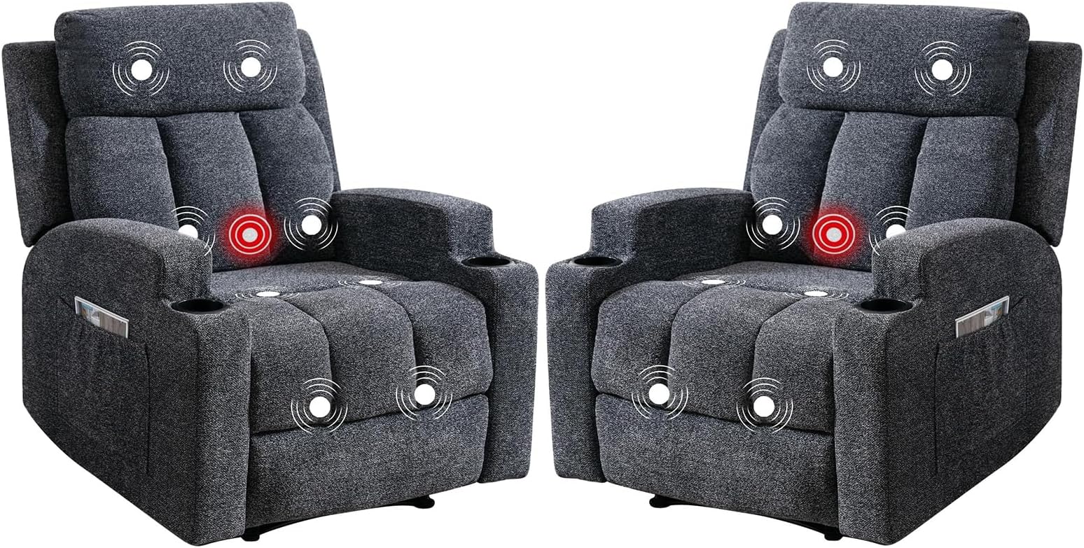 Phoenix Home Manual Recliner Chair Set of 2 with Massage and Heat, Ergonomic Overstuffed Breathable Fabric Recliner Single Sofa with 2 Cup Holders, Living Room Lounge Recliners on Clearance, Dark Gray