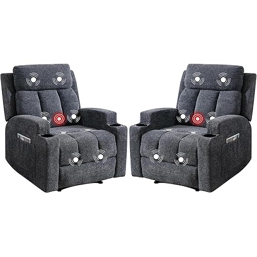 Phoenix Home Manual Recliner Chair Set of 2 with Massage and Heat, Ergonomic Overstuffed Breathable Fabric Recliner Single Sofa with 2 Cup Holders, Living Room Lounge Recliners on Clearance, Dark Gray