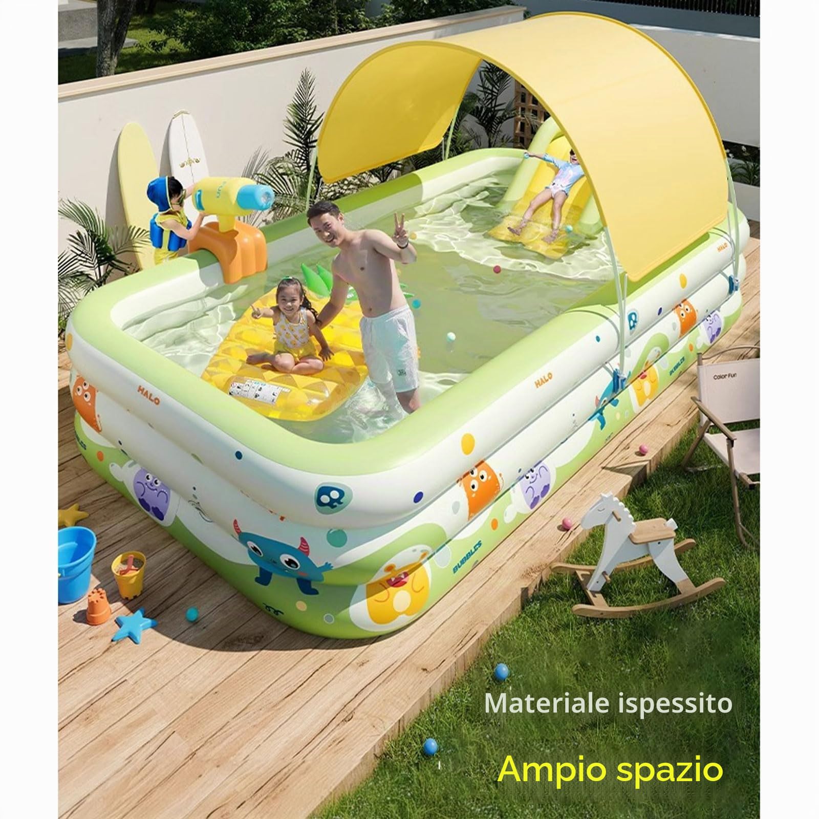Piscina familiare per Bambini e Adulti 300*175cm,Piscine Gonfiabili Esterni Con ombrellone e scivolo,materiale spesso in PVC,Centro giochi acquatico gonfiabile per Cortile Esterno da Giardino