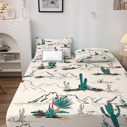 Miniatura 2 de Juego de sábanas de cactus tamaño California King, sábanas de cama y fundas de almohada con patrón de paisaje del desierto, juego de 4 piezas -