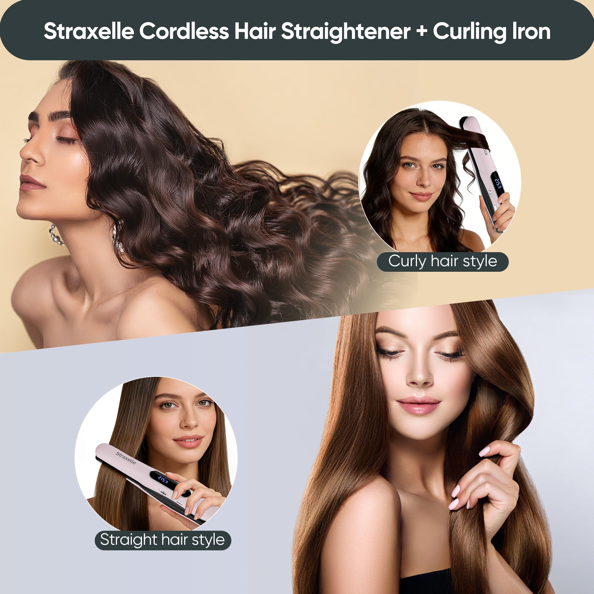 2 in 1 Mini Raddrizzatore Senza Fili e Ricciolo per Capelli, 175℃-215℃ Portatile Piastra per Capelli Senza Fili, 5000mAh Piastra Capelli da Viaggio con Display LED für alle Haartypen(Rosa)