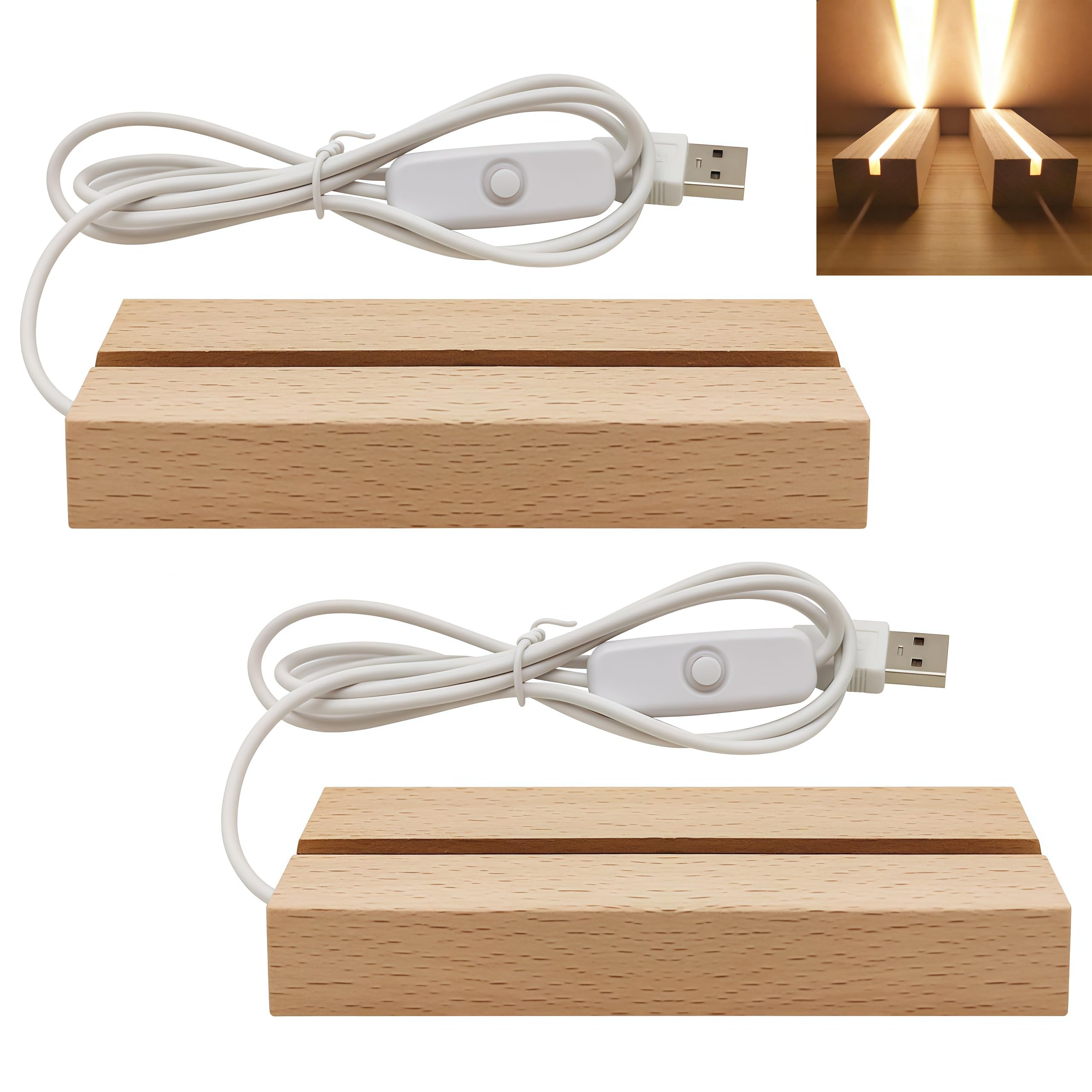 LYZHZHIUONGEI 2 Pcs LED Lights Display Base, 15cm Wooden Display Stand with Warm Light & USB Power, Illuminated Pedestal for Crystal Glass Resin Art, Acrylic Plate Holder