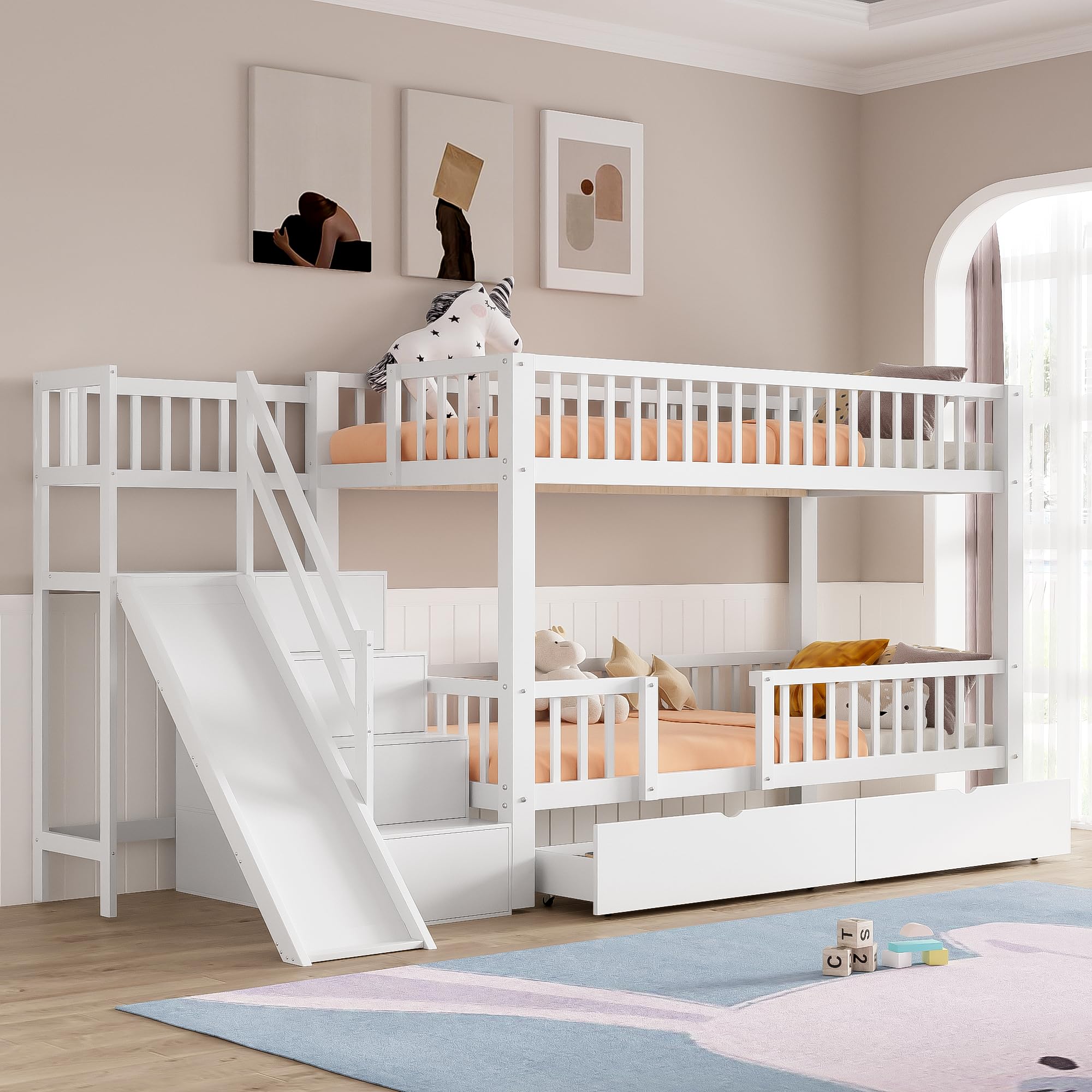 Etagenbett Kinderbett 90x200 für 2 Kinder, Hochbett mit Treppe&Rutsche&2 Schubladen, Funktionsbett Holzbett Stockbett Spielbett Jugendbett Bettgestell mit Rausfallschutz&Lattenrost,Ohne Matratze,Weiß