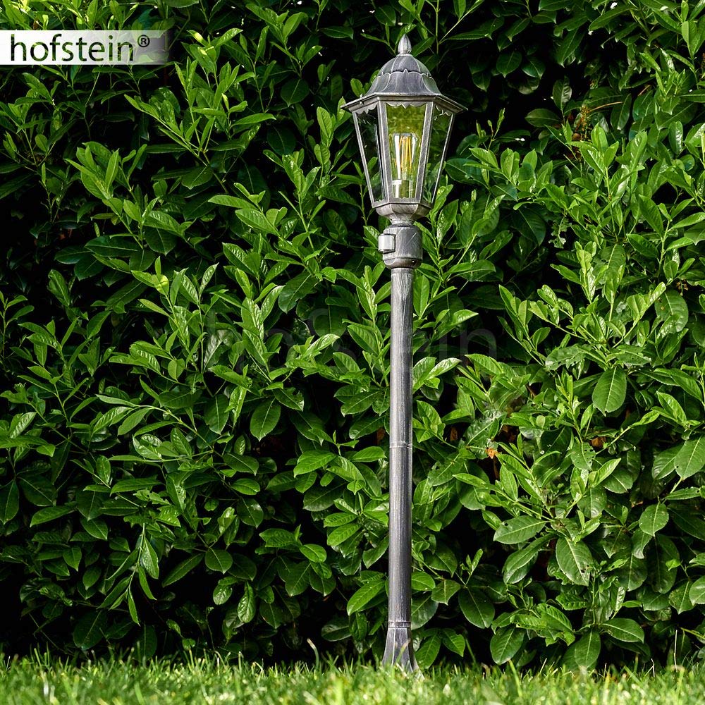 Lampadaire extérieur Lignac avec détecteur de mouvements en aluminium moulé noir/argenté et verres transparents de 118 cm de haut, pour 1 ampoule E27, IP44, ampoule(s) non incluse(s)