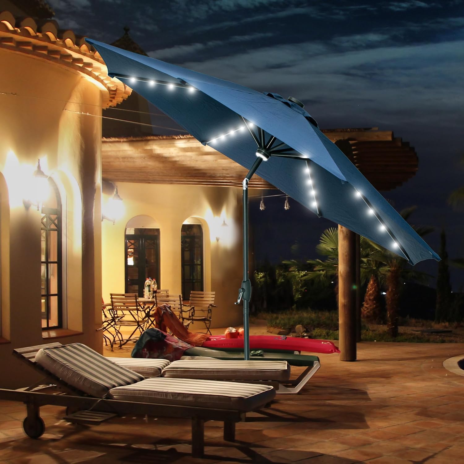 GDY 10Ft Patio Umbrella, Table Umbrella with 40 LED Lights, Outdoor Umbrellas for Patio, with Tilt and Crank, Center Light, for Garden, Deck, Backyard, Pool, and Beach.