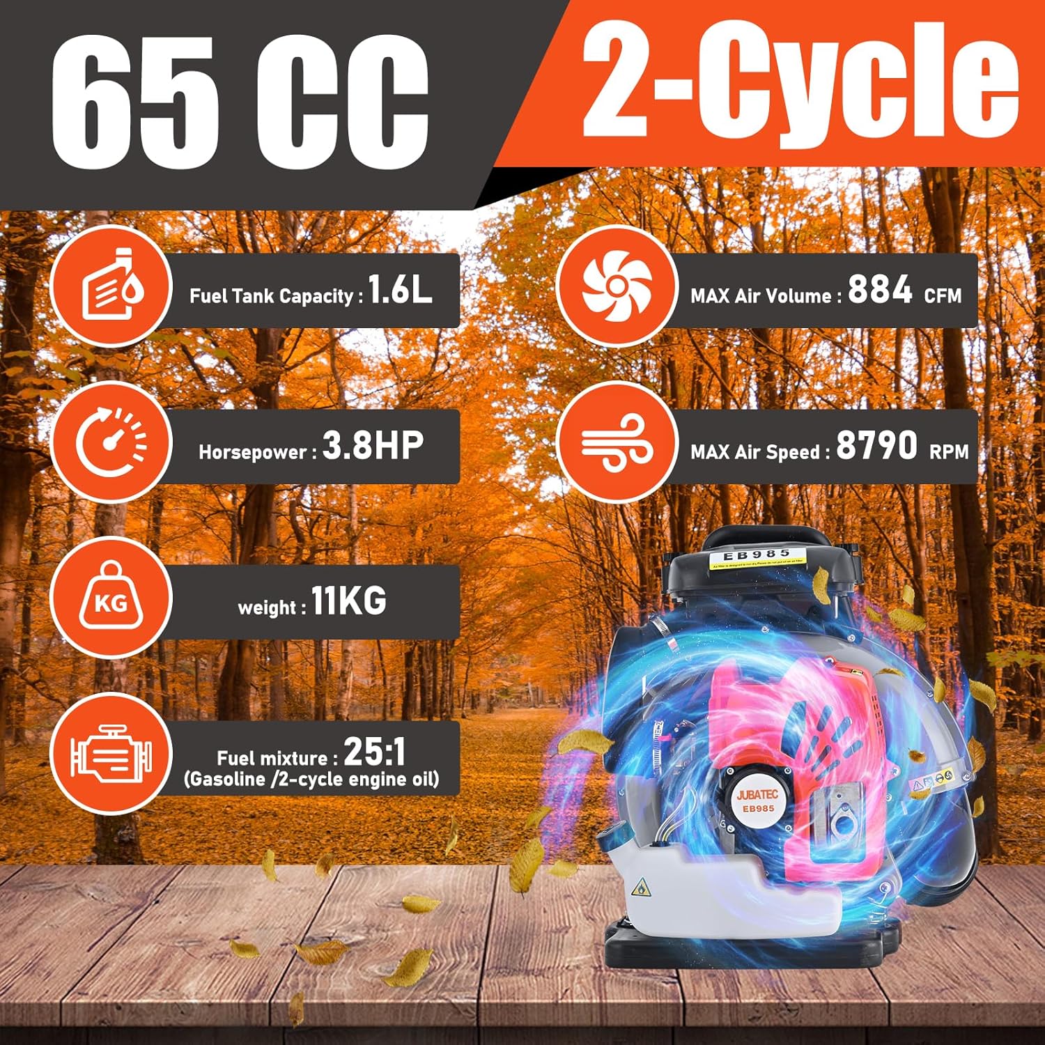 65CC Backpack Gas Powered Leaf Blower 884 CFM 3.8 HP 2-Cycle Grass Lawn Blower Air Cooling, Low Vibration and Ergonomic Design for Outdoor Garden Yard Cleaning and Snow Removal