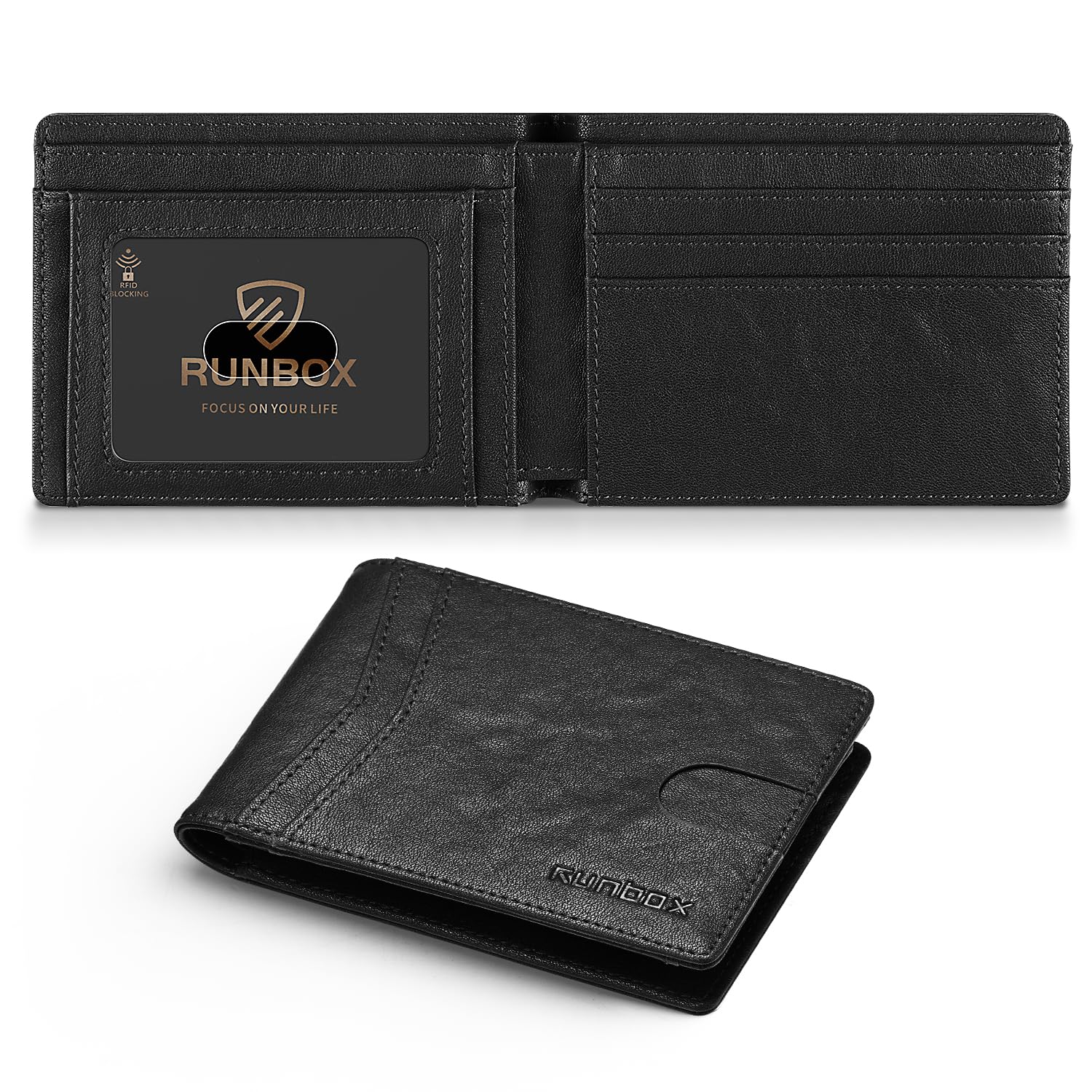 RUNBOX Wallet for Men Slim Leather Bifold RFID Blocking Minimalist Front Pocket Design with Gift Box