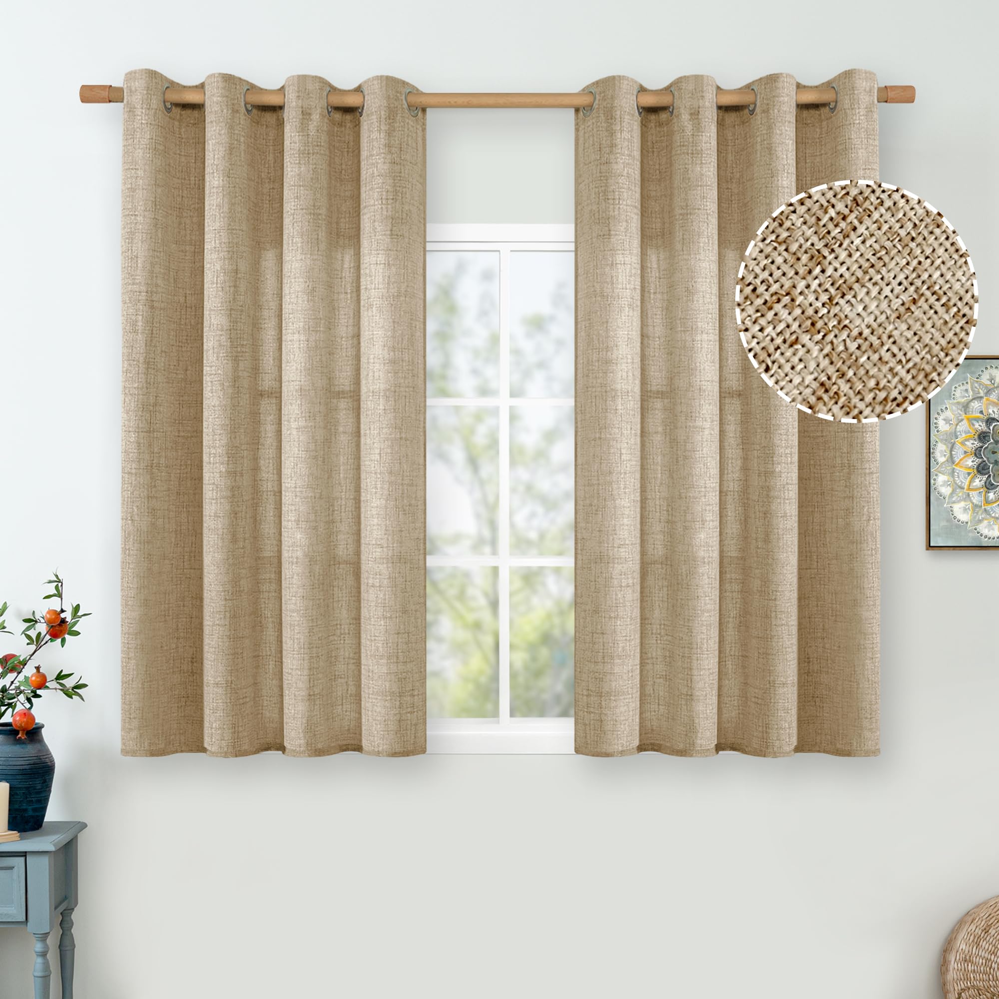 QUEMAS Toffee Linen Curtains 54 Inch Length for Basement/Bedroom/Bathroom, Thick Burlap Textured Light Filtering Non See Through Grommet Farmhouse Country Drapes, Each 52 Inch Wide, 2 Panel
