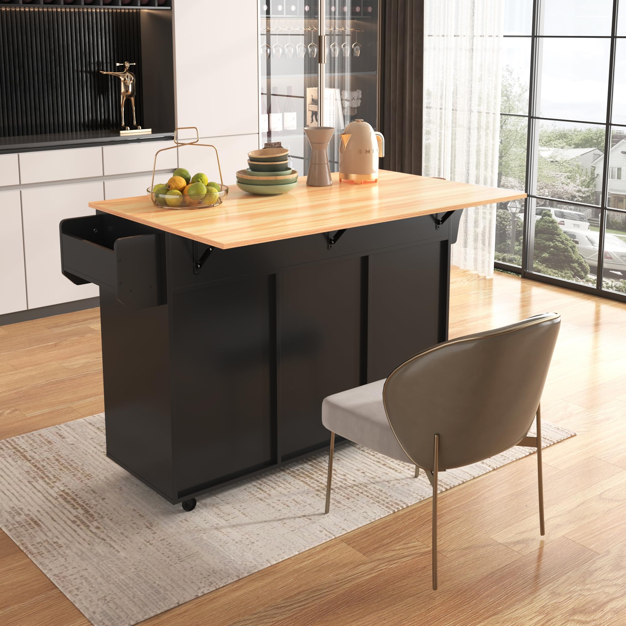 Kücheninsel mit abklappbarer Arbeitsplatte, bewegliche Kücheninsel Servierwagen auf Rollen mit 3 Schubladen/2 Schließfach/auswechselbare Massivholzfüße, 139x46(71) x91,5 cm