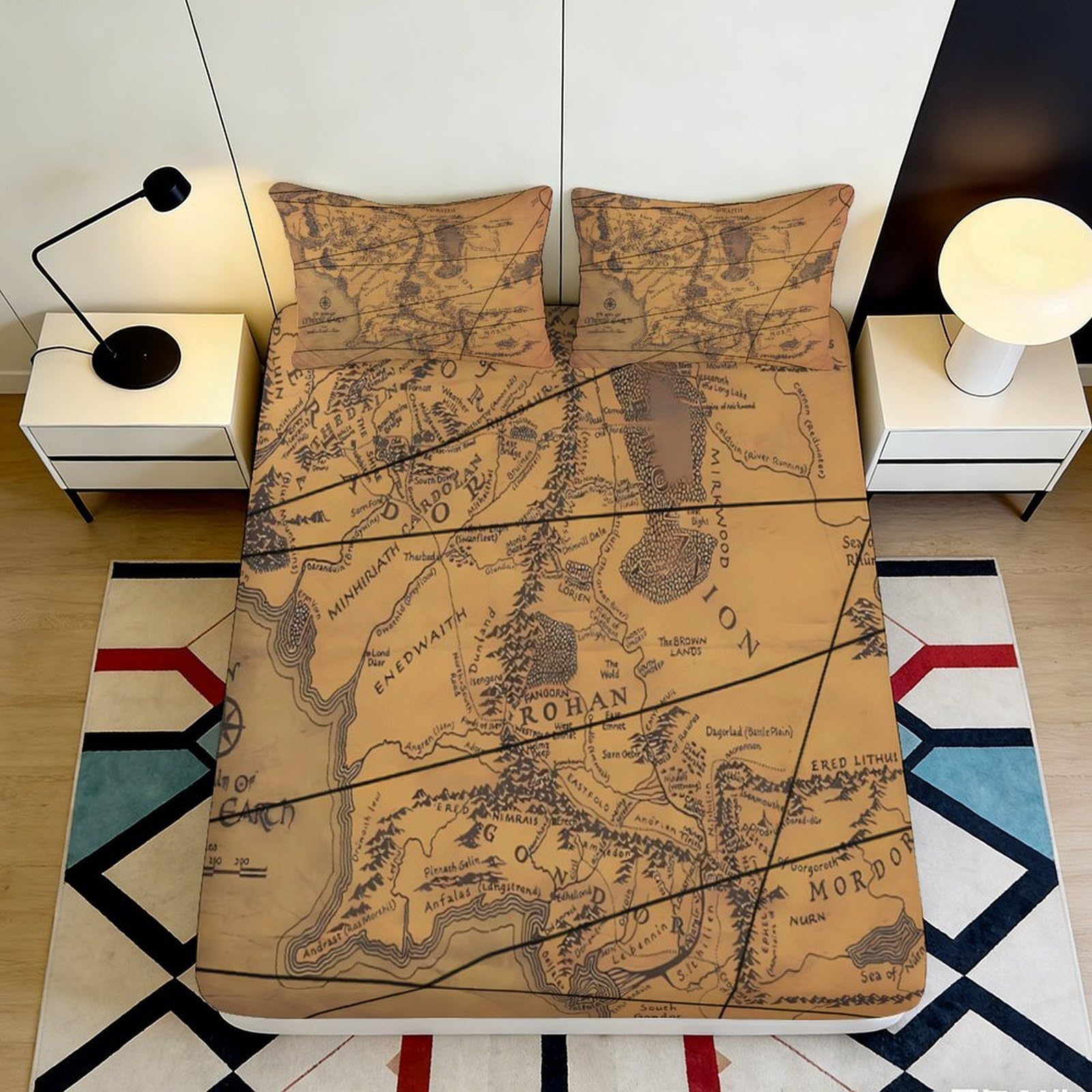 3D Printed Vintage Map Fitted Sheet Microfiber Anti-Slip Bed Cover for Bedroom Guestroom Dorm Decoration Easy Care 90x200x25cm
