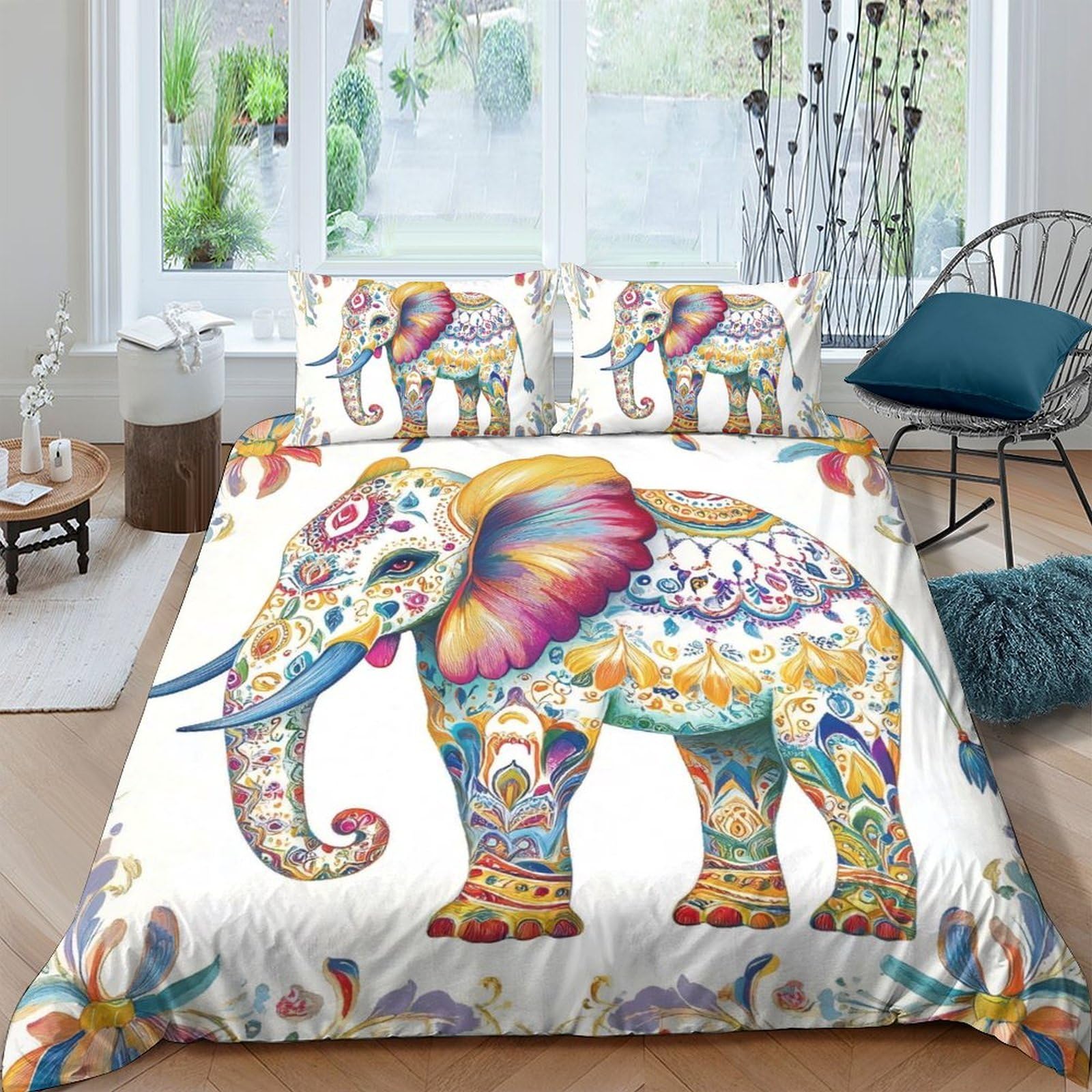 GPLZQXKJNH 3D Printed Colorful Elephant Duvet Cover Microfiber Soft Breathable Floral Bedding Set with 2 Pillowcases for Bedroom Decor Single（135x200cm）