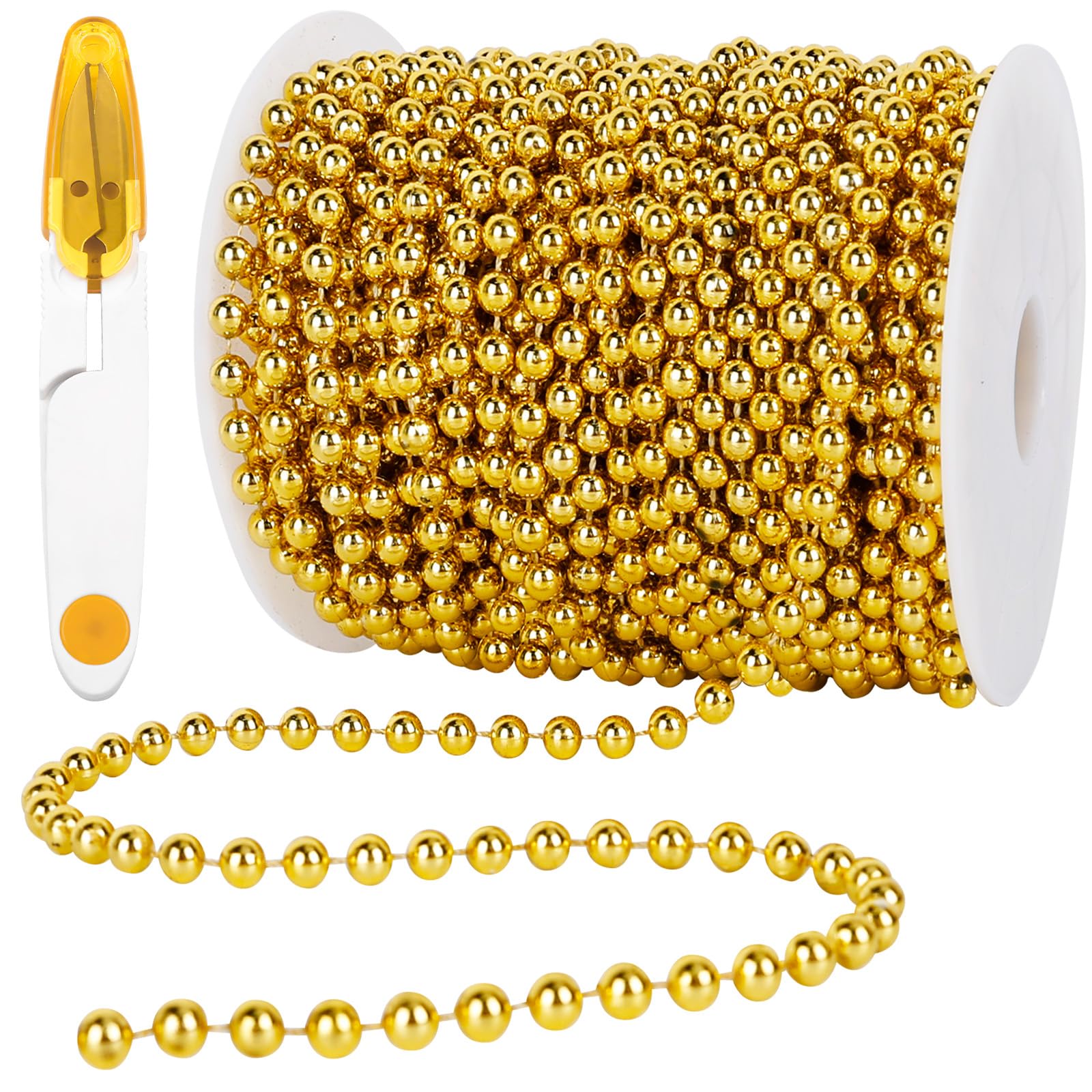 NZZVNZ Perlenband 20M, Weihnachtsbaum Perlenkette Perlengirlande Gold, Kunststoff Perlenschnur mit Schere, Dekoration für Christbaumschmuck Weihnachten Hochzeit Party DIY Handwerk Zubehör