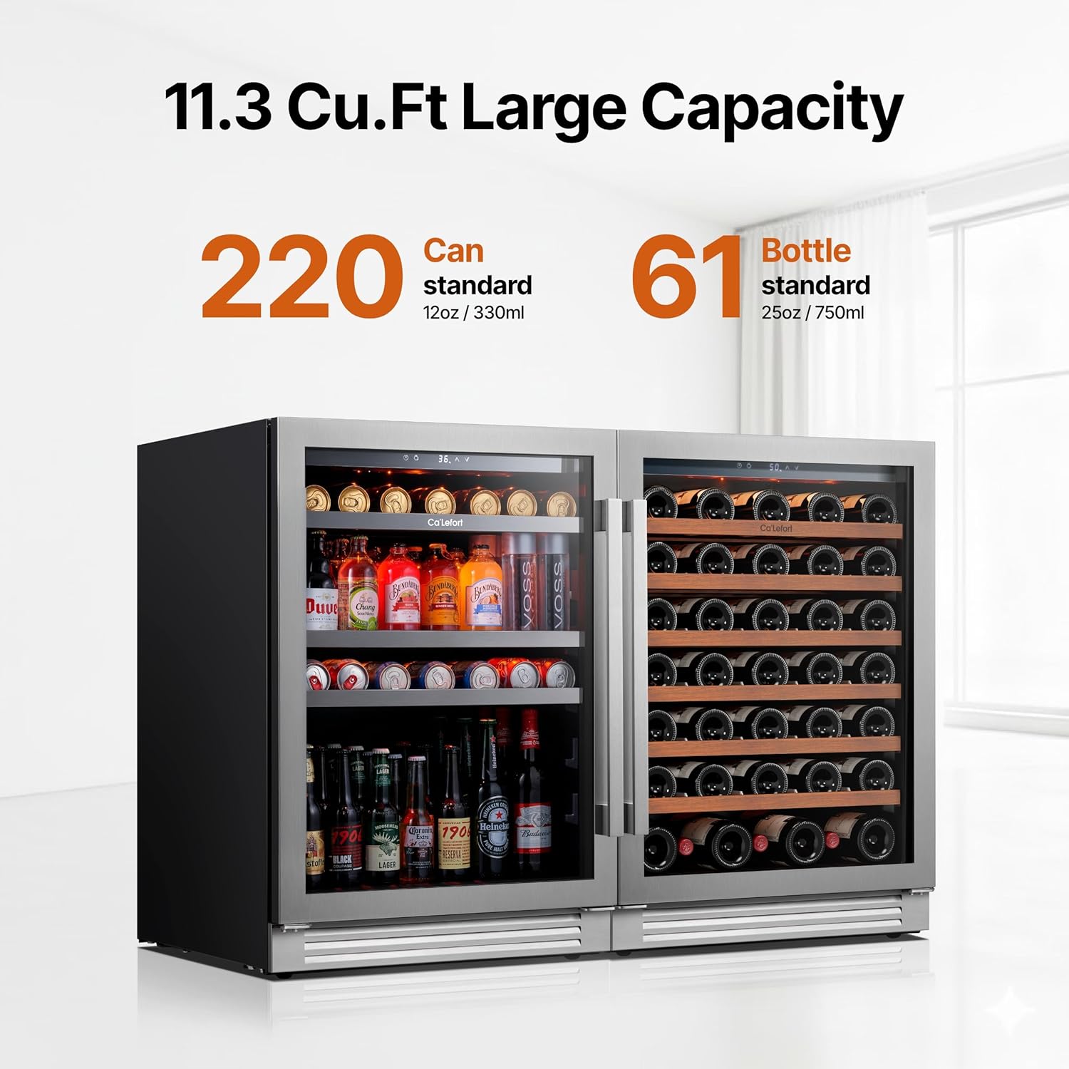 Ca'Lefort 24 Inch Wine & Beverage Refrigerator Bundle, 220 Cans & 61 Bottles Dual Zone 34-65°F Temp Control, Glass Door & 3-Color LED, Built-in or Freestanding for Home Bar Kitchen (2 Units)