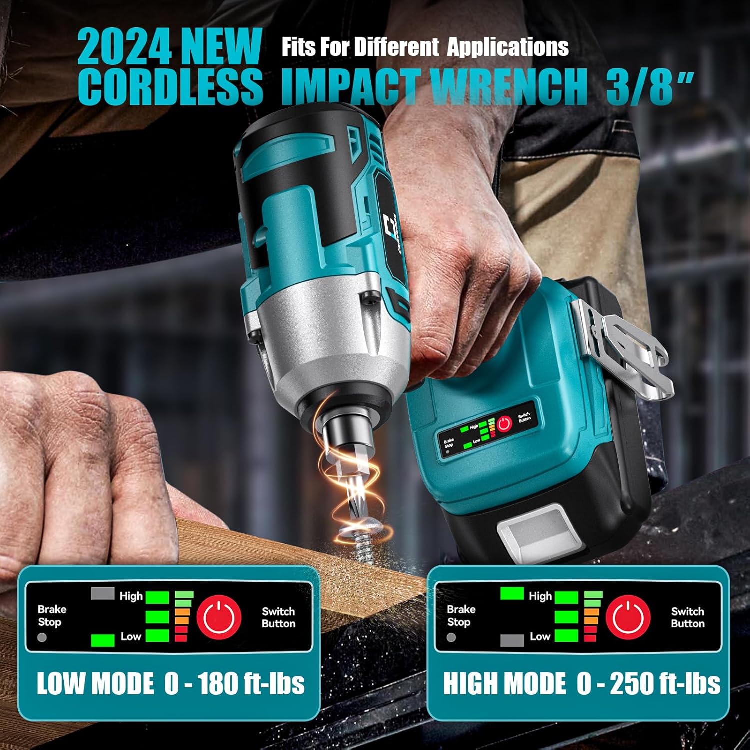 Image showing the Cerycose impact wrench's control panel with two speed modes: Low Mode (0-180 ft-lbs) and High Mode (0-250 ft-lbs), indicated by LED lights.