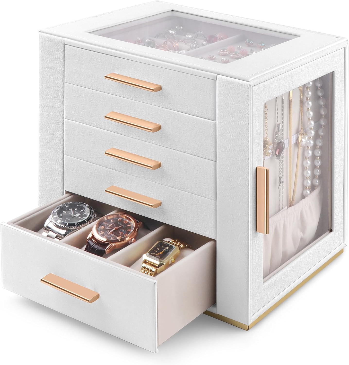 Homeanda Jewelry Box for Women with Glass Lid, 5 Drawers Jewelry Organizer and Storage for Necklaces, Rings, Earrings, Bracelets, Gift for Girls and Teens,PU Leather (White)