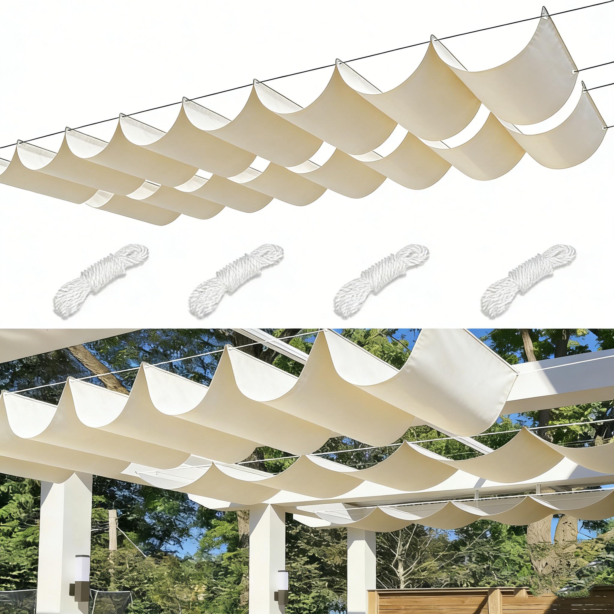 Retráctil Toldo Vela Rectangular Toldos Exterior Terraza Impermeable Ondulada Toldo Vela de Sombra con Ojales y Cuerdas 95% protección UV para Exterior Patio jardín 2.6x5M Crema