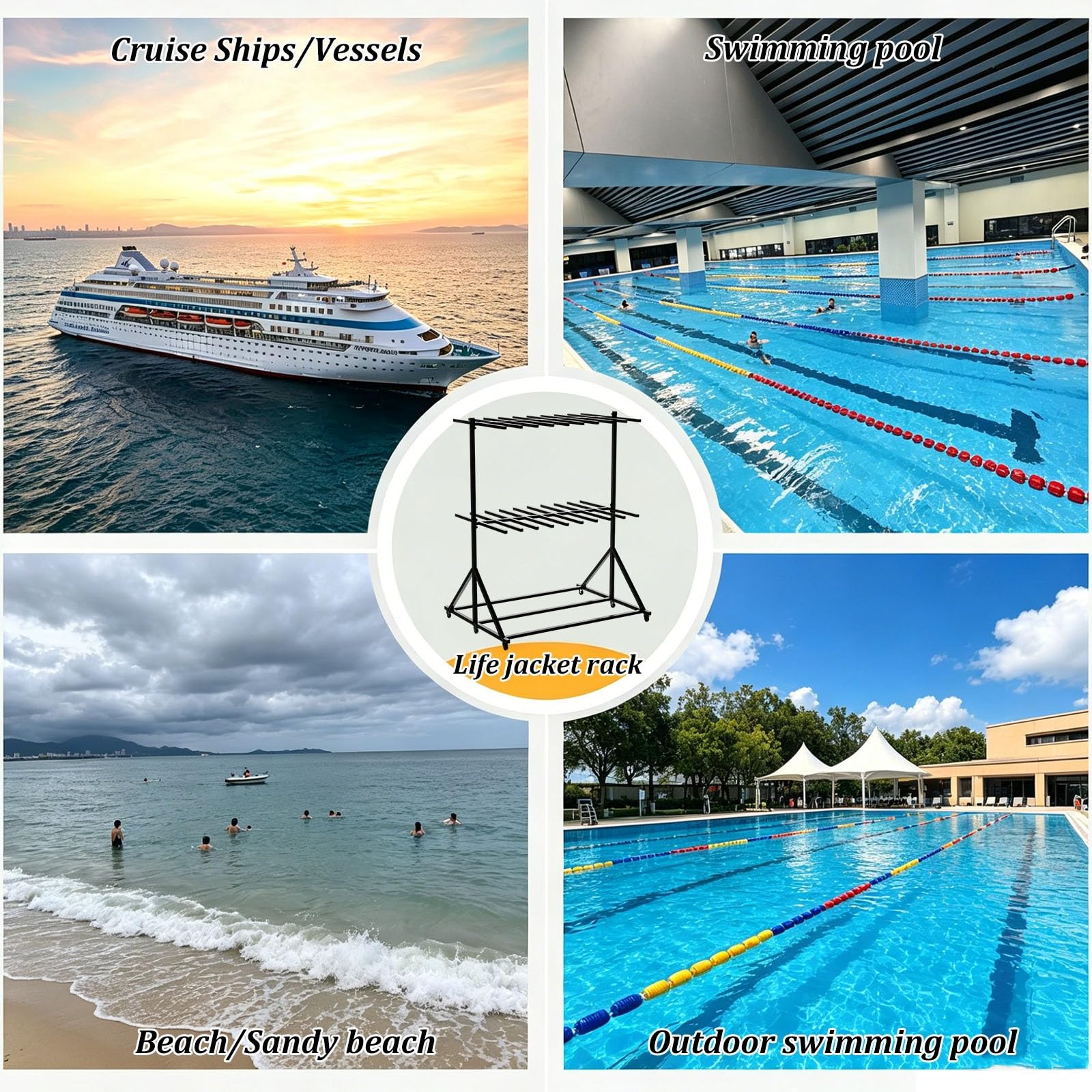 Rack mobile e robusto per l'asciugatura e l'organizzazione di giubbotti di salvataggio e attrezzature di sicurezza per sport acquatici (ideale per parchi acquatici e piscine).