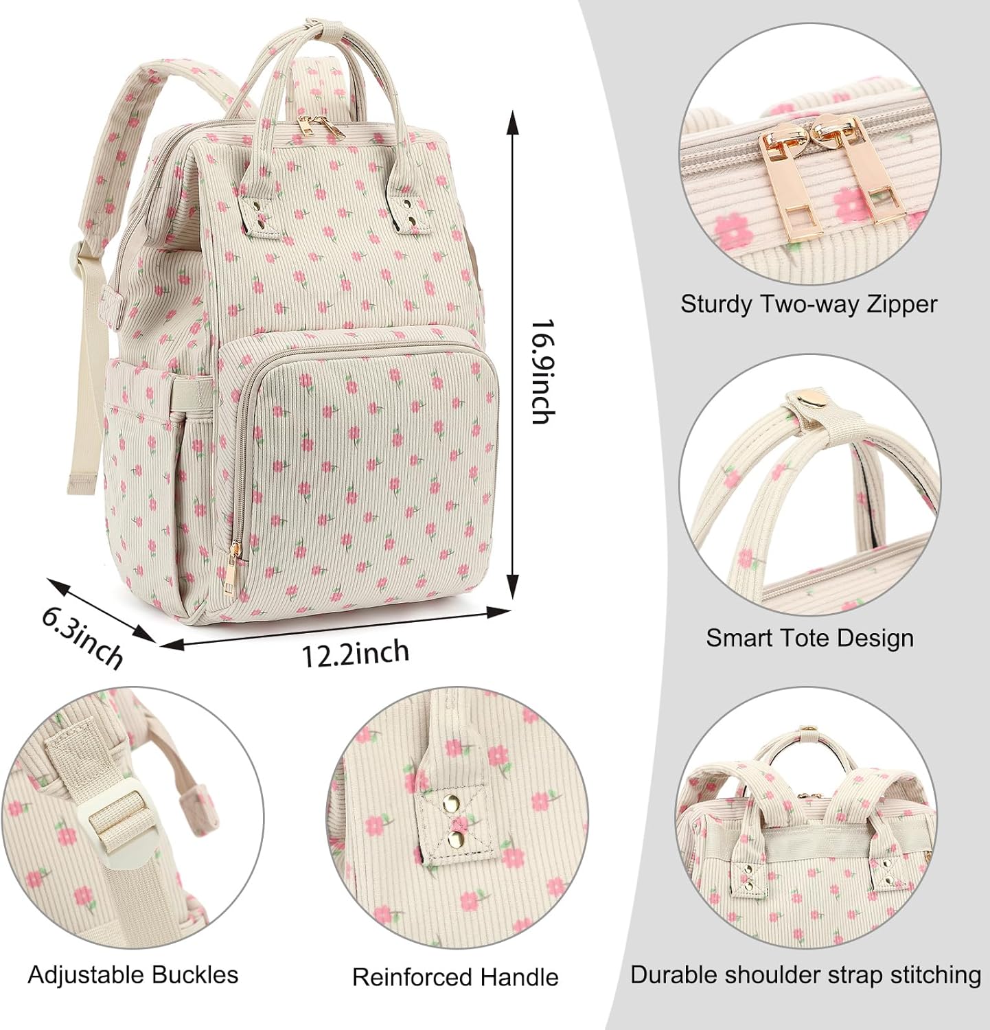 Women Corduroy College School Backpack Bookbag, 15.6 Inch Travel Laptop Backpack Casual Daypack (Flowers Pink) - Image 5