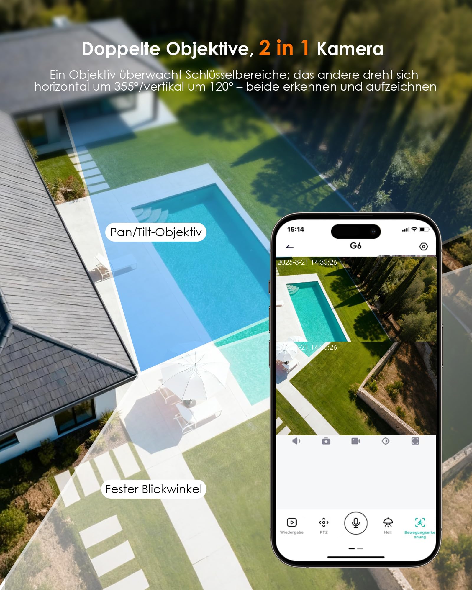 CZEview 4MP Dual Objektiv Überwachungskamera Aussen Solar, 10000mAh Akku | Wlan Outdoor Kamera mit 360° PTZ, 2.4GHz, Dual PIR Bewegungsmelder, Farb-Nachtsicht, 2-Wege-Audio, Wasserdicht IP65