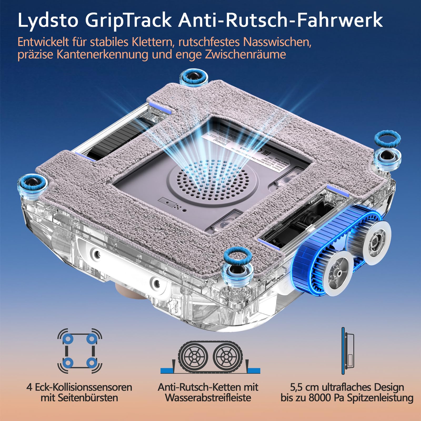 Lydsto WL07 Max Fensterputzroboter mit Sprühfunktion kompakt, Vier Ultraschall Wasserdüsen, Eckenreinigung, 8000Pa Elektrischer Fensterputzer 110ML Tank, 4 Reinigungsmodi (Weiß)