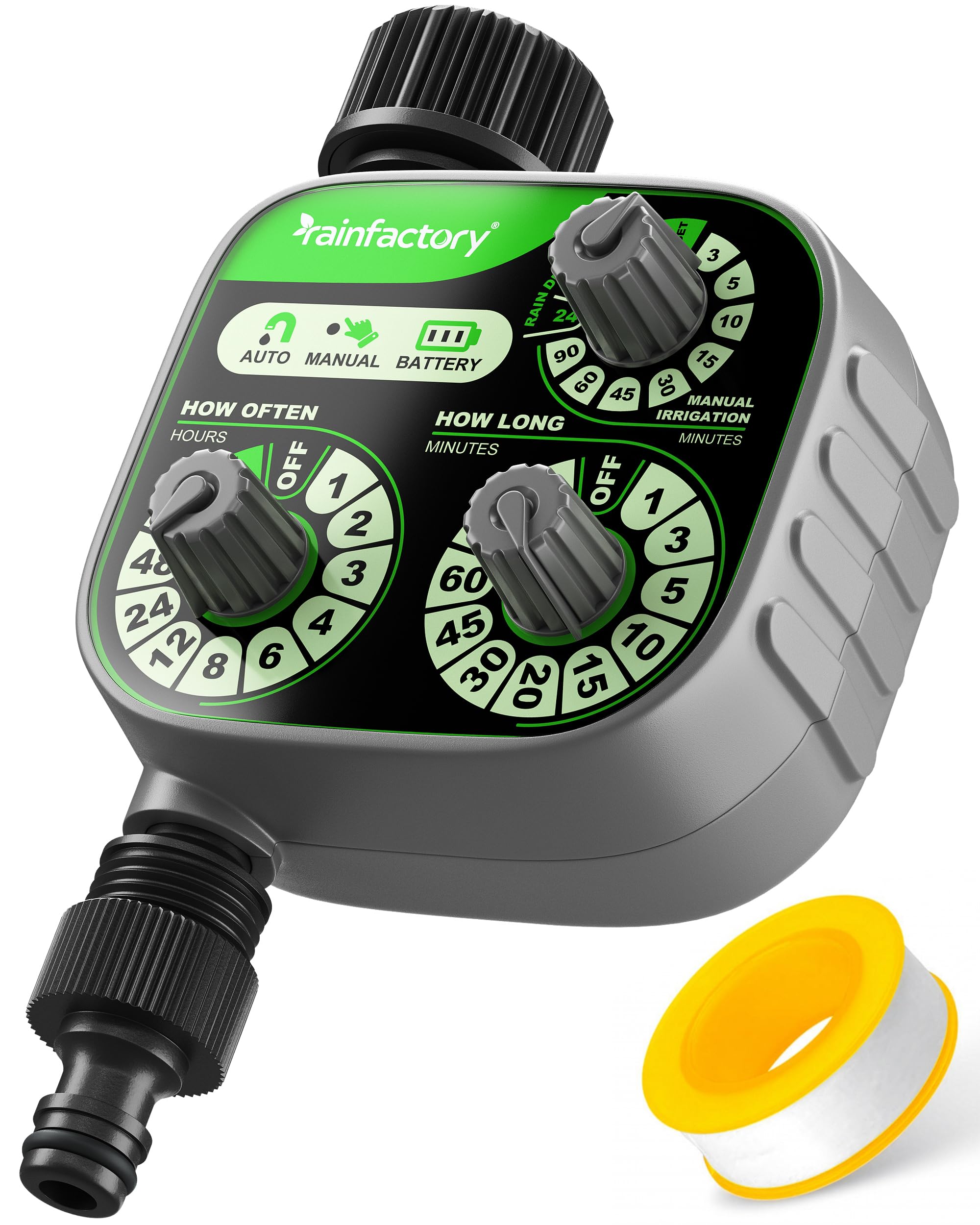Rainfactory Black Silver Irrigation Timer – Intuitive 3-Dial Garden Water Timer For Automatic & Manual Watering With Rain Delay – Water-Saving For Garden, Lawn & Balcony