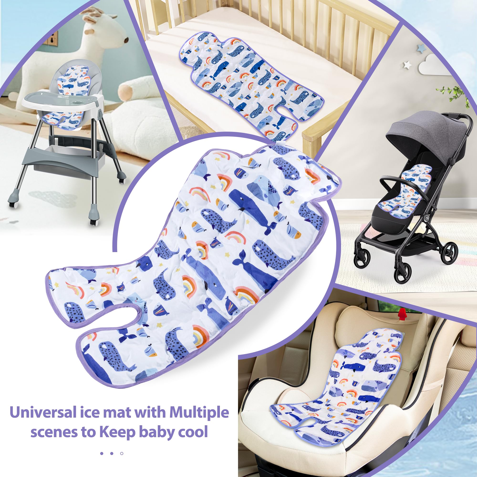LAT Coussin Siège d’été pour Poussette, Réversible Coussin Réducteur d’été pour Poussette, Coussin Soutien Bébé avec Gel Rafraîchissant pour Poussette et Chaise Haute (Baleine+Dinosaure)