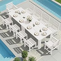Vista 42 de SERWALL Juego de comedor de patio para 8, juegos de comedor al aire libre para 8 personas con 2 agujeros para sombrilla, mesas rectangulares Blanco